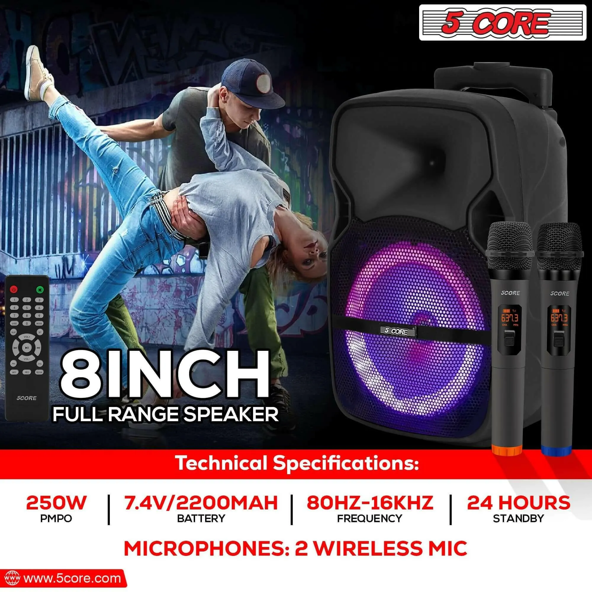 5Core Party Speaker Portable PA System 2 Wireless Mic Bluetooth Loud