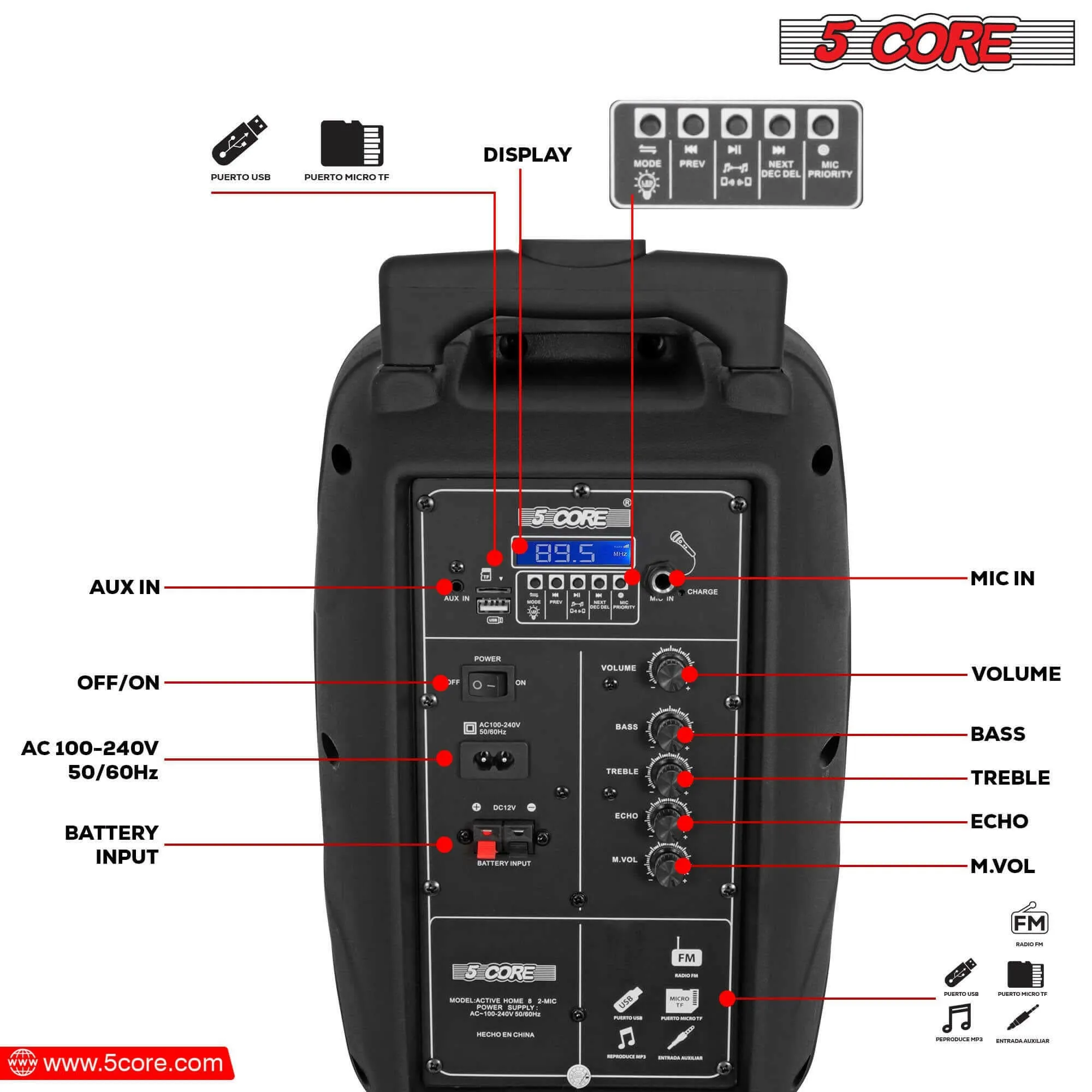 5Core Party Speaker Portable PA System 2 Wireless Mic Bluetooth Loud