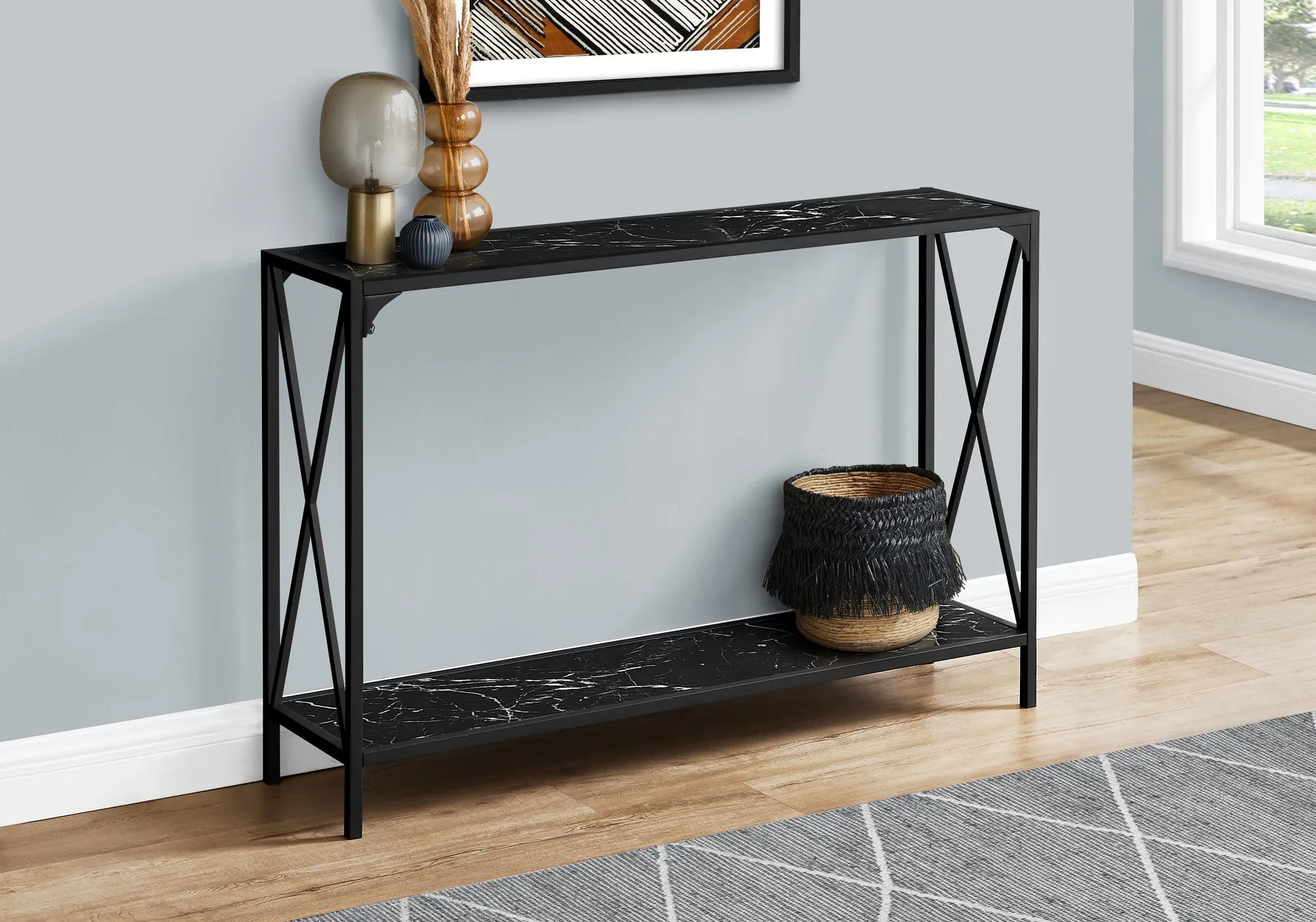 Accent Table - 48"L / Black Marble / Black Hall Console