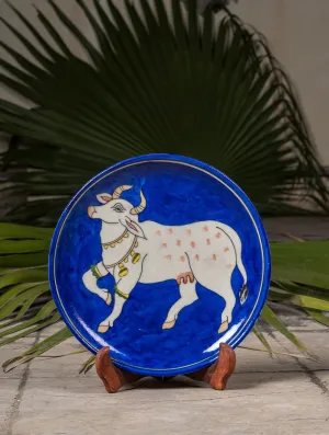 Blue Pottery Decorative Plate in Wooden Box - Cow (Royal Blue; 10")