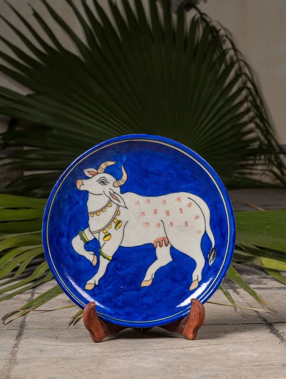 Blue Pottery Decorative Plate in Wooden Box - Cow (Royal Blue; 10")