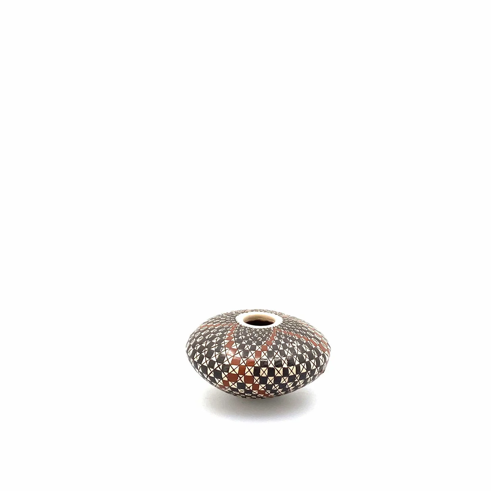 Carmen Veloz Seed Pot - Mata Ortiz Paquimé Pottery | Handcrafted | 3” x 2” | Black, Brown, White Squares Design | Collectible