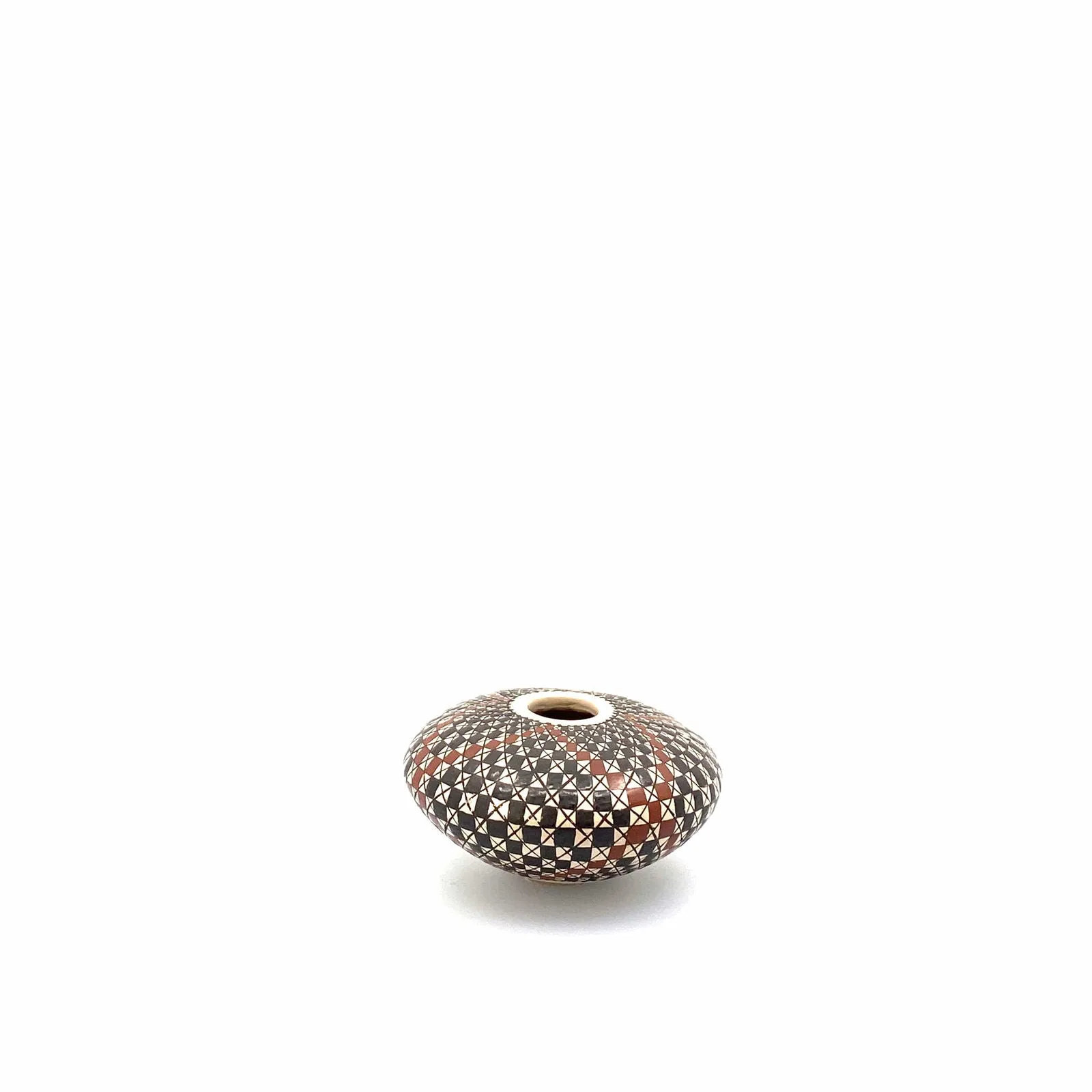 Carmen Veloz Seed Pot - Mata Ortiz Paquimé Pottery | Handcrafted | 3” x 2” | Black, Brown, White Squares Design | Collectible
