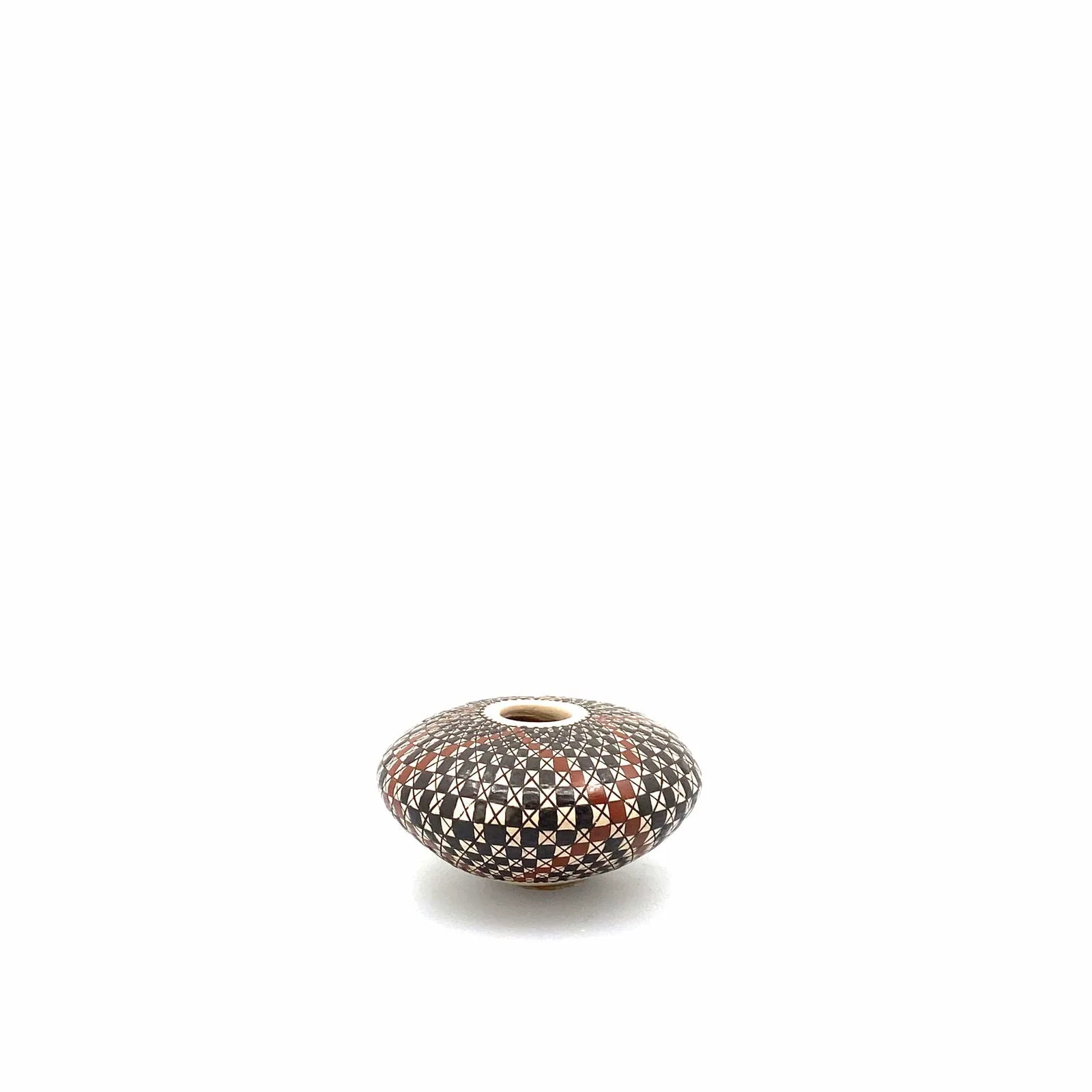 Carmen Veloz Seed Pot - Mata Ortiz Paquimé Pottery | Handcrafted | 3” x 2” | Black, Brown, White Squares Design | Collectible