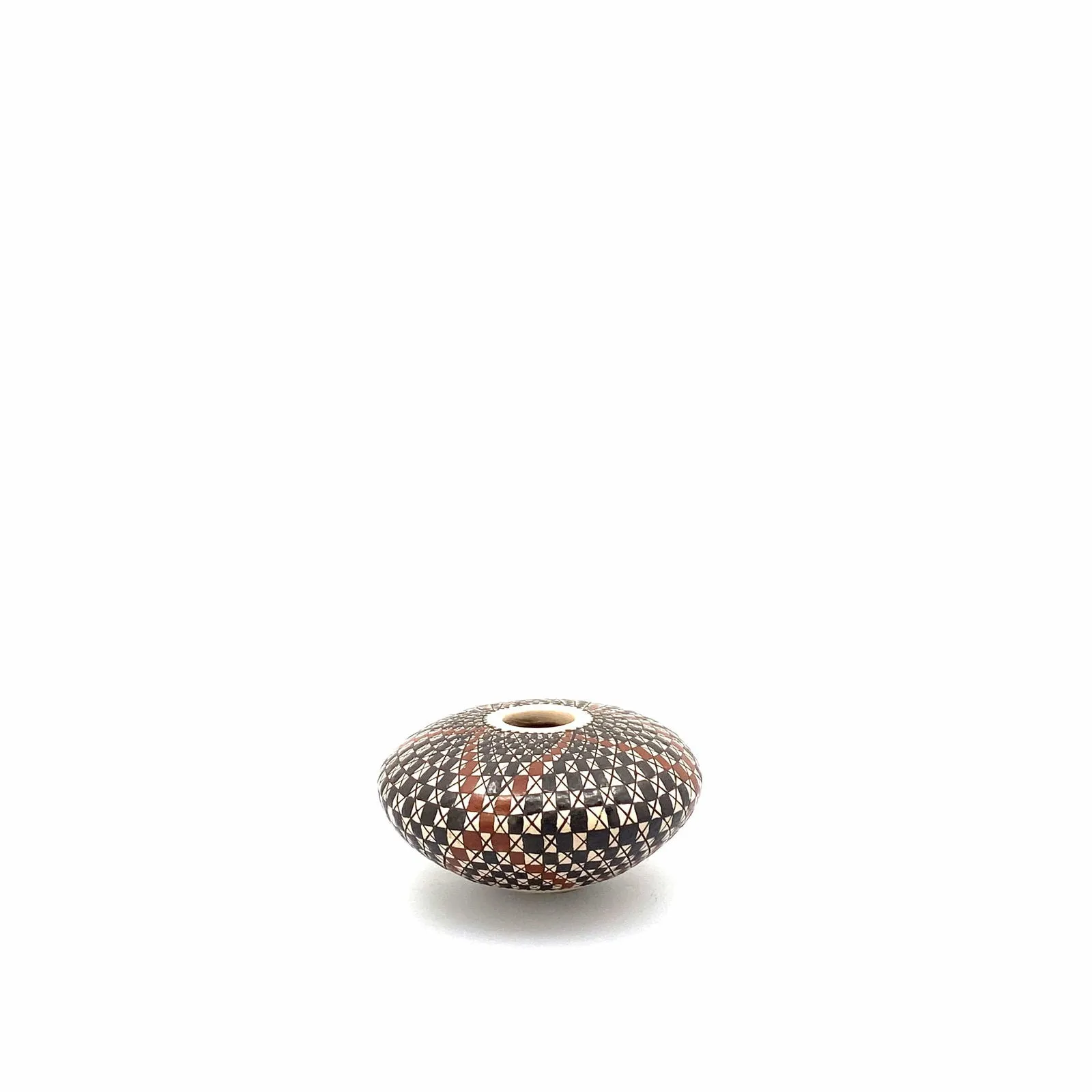 Carmen Veloz Seed Pot - Mata Ortiz Paquimé Pottery | Handcrafted | 3” x 2” | Black, Brown, White Squares Design | Collectible