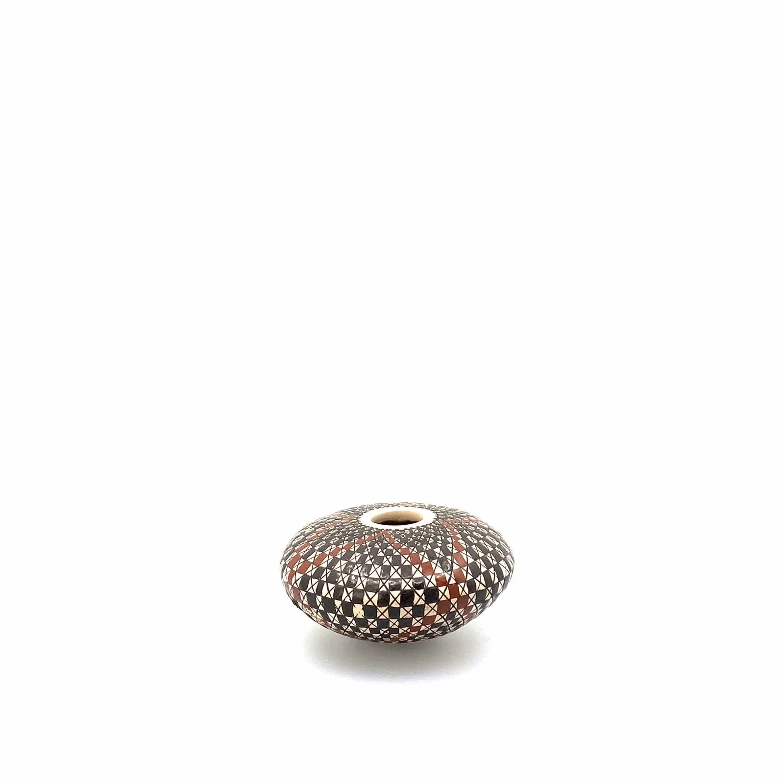 Carmen Veloz Seed Pot - Mata Ortiz Paquimé Pottery | Handcrafted | 3” x 2” | Black, Brown, White Squares Design | Collectible