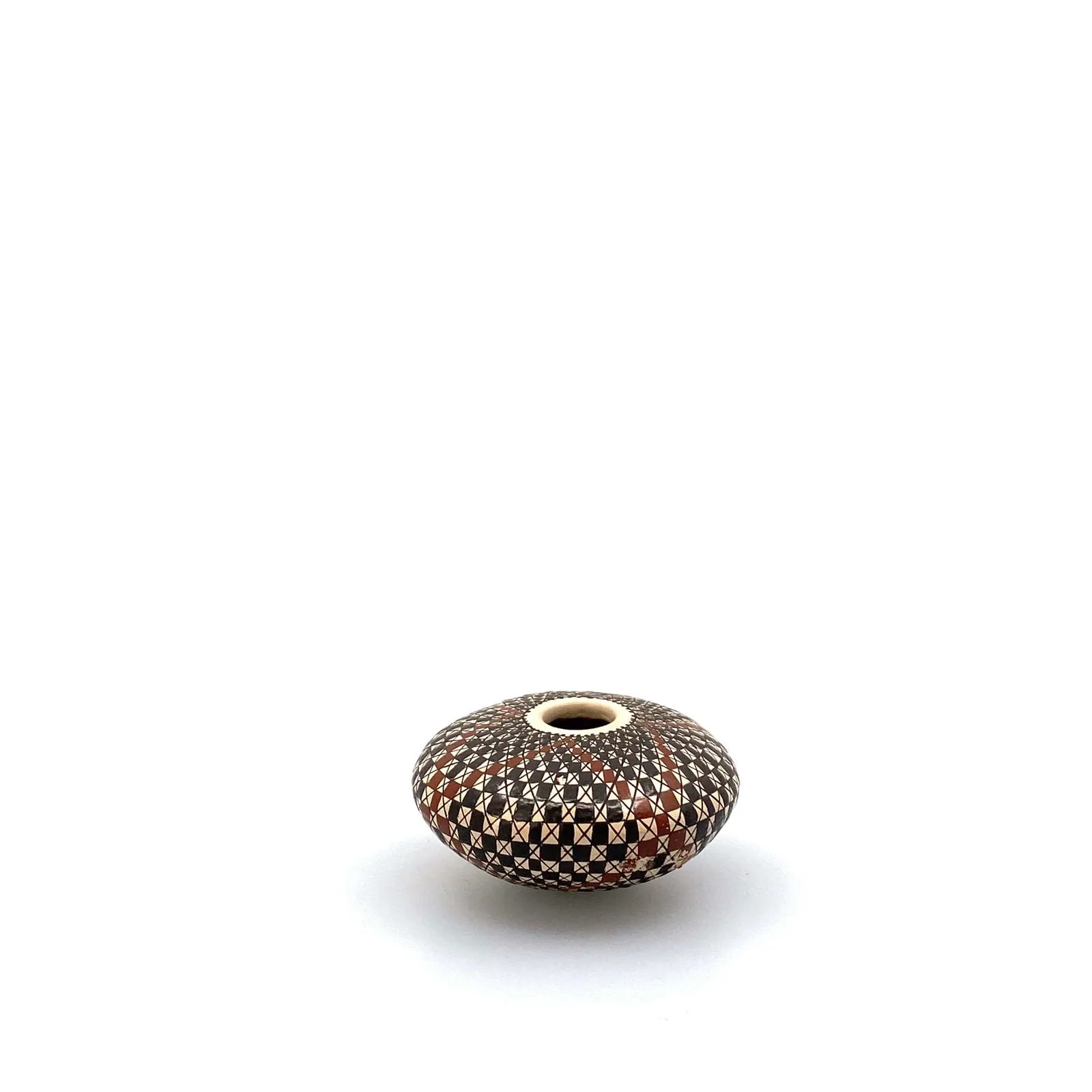 Carmen Veloz Seed Pot - Mata Ortiz Paquimé Pottery | Handcrafted | 3” x 2” | Black, Brown, White Squares Design | Collectible