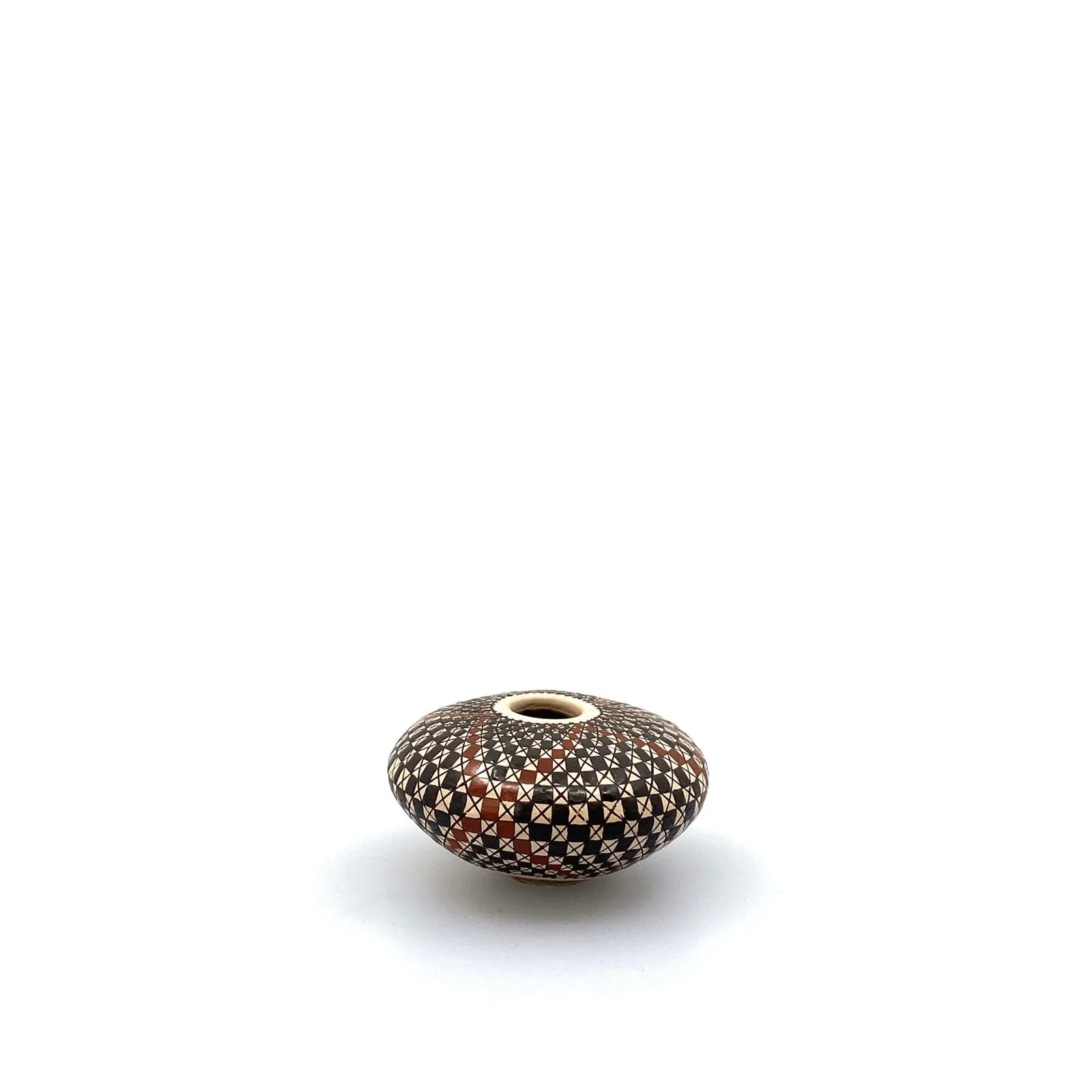 Carmen Veloz Seed Pot - Mata Ortiz Paquimé Pottery | Handcrafted | 3” x 2” | Black, Brown, White Squares Design | Collectible