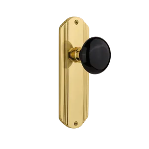 Deco Long Plate with Black Porcelain Knob in Unlacquered Brass
