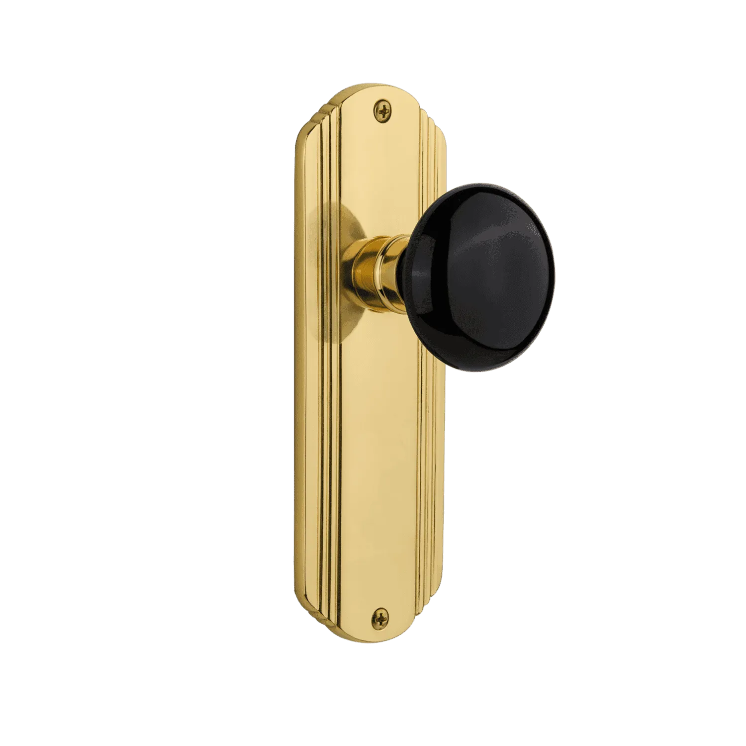 Deco Long Plate with Black Porcelain Knob in Unlacquered Brass