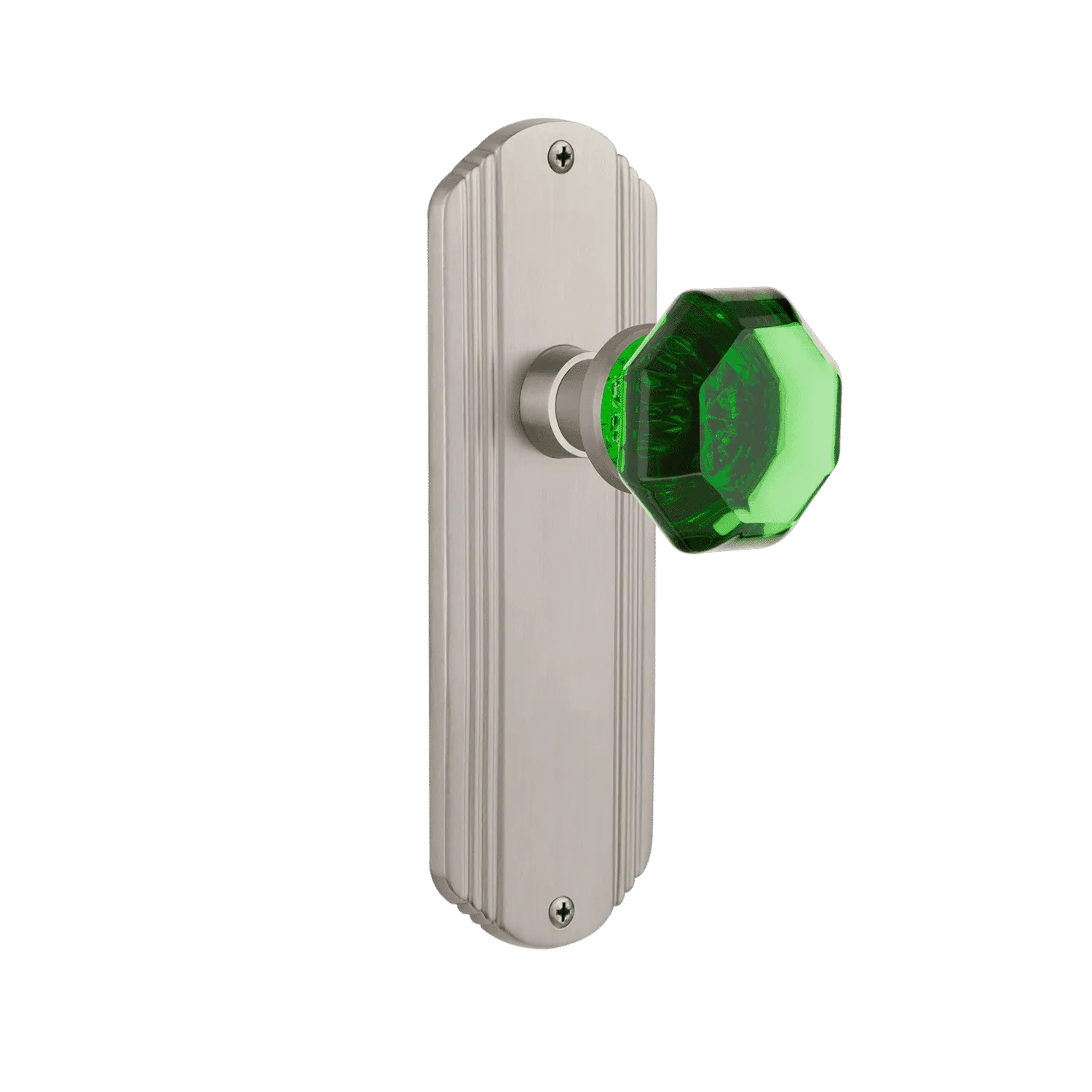 Deco Long Plate with Emerald Waldorf Knob in Satin Nickel