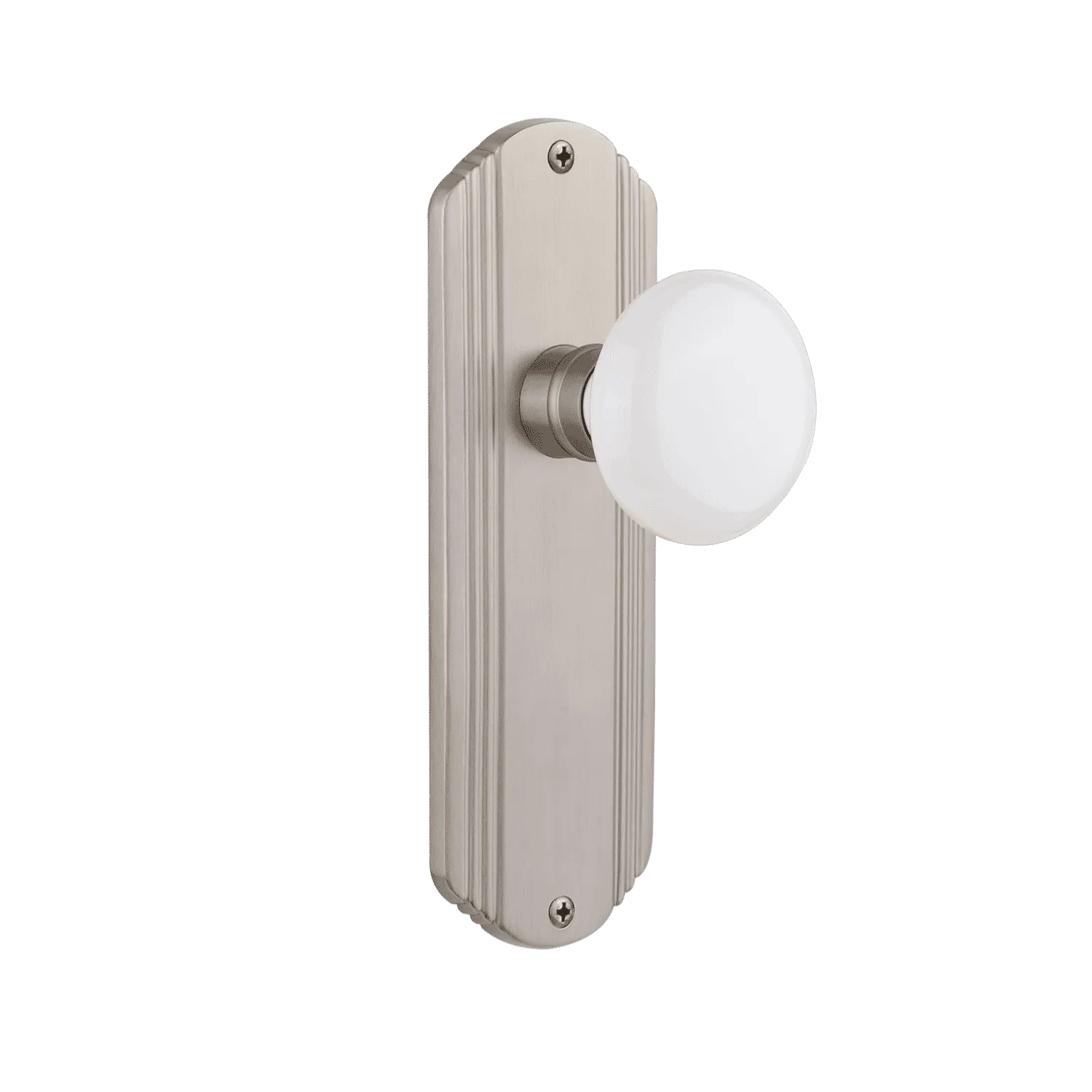 Deco Long Plate with White Porcelain Knob in Satin Nickel