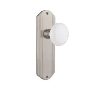 Deco Long Plate with White Porcelain Knob in Satin Nickel
