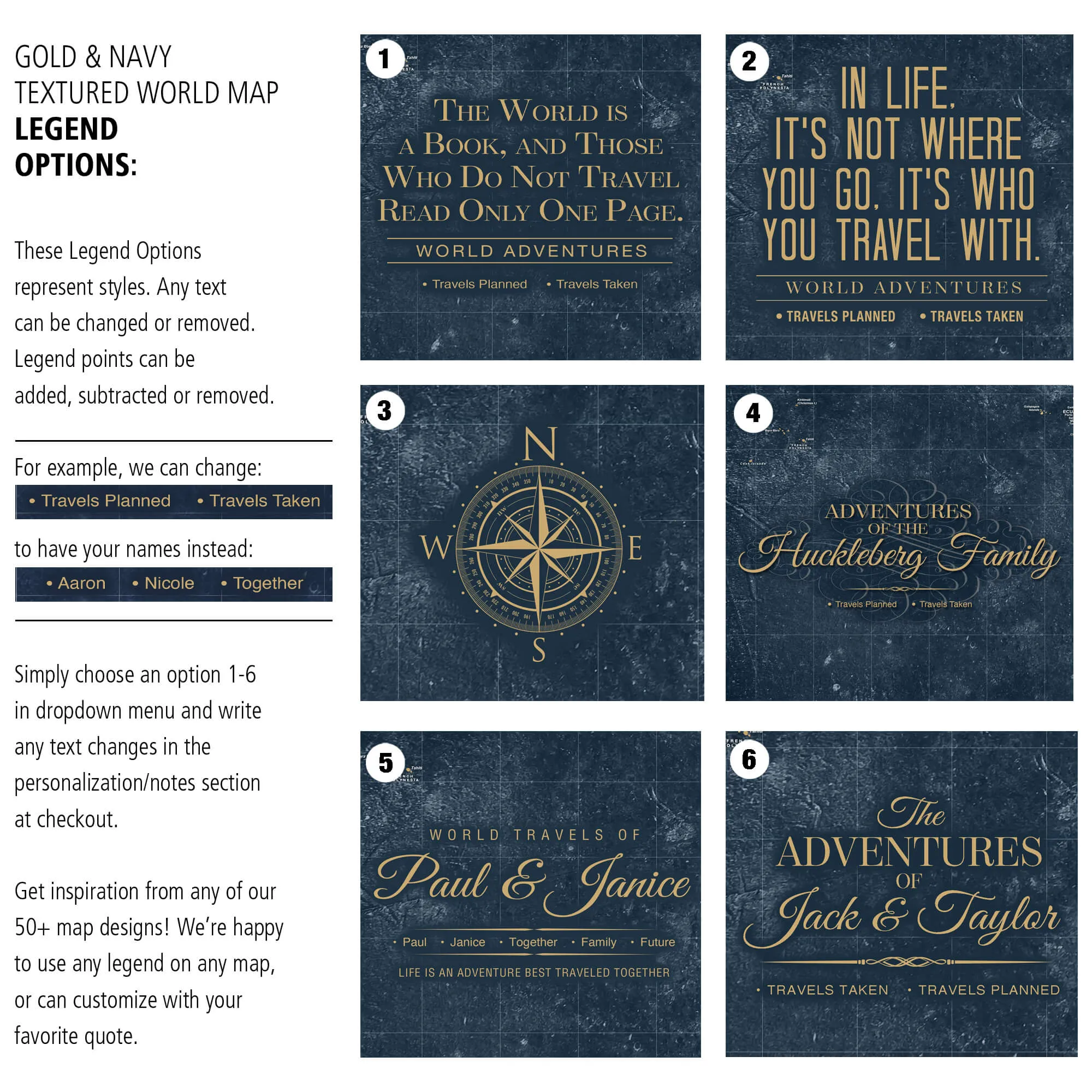 Gold & Navy Textured World Push Pin Map - 3 Panels