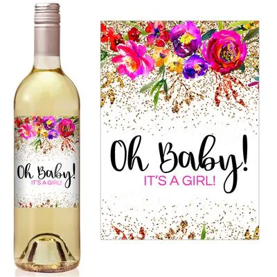 Gold Confetti Neon Baby Shower Wine Label