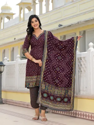 Juniper Wine Ethnic Motif Printed Rayon Kurta, Pant And Dupatta Set