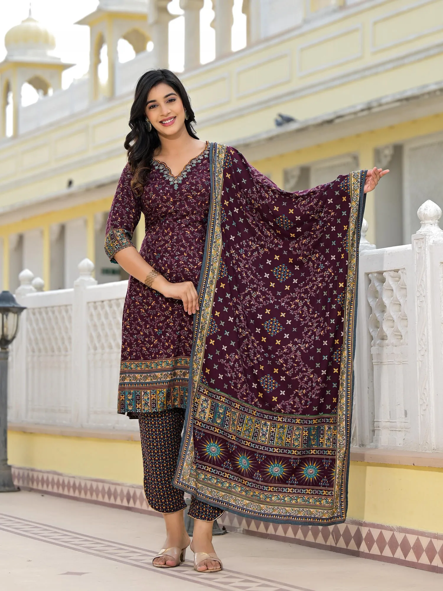 Juniper Wine Ethnic Motif Printed Rayon Kurta, Pant And Dupatta Set