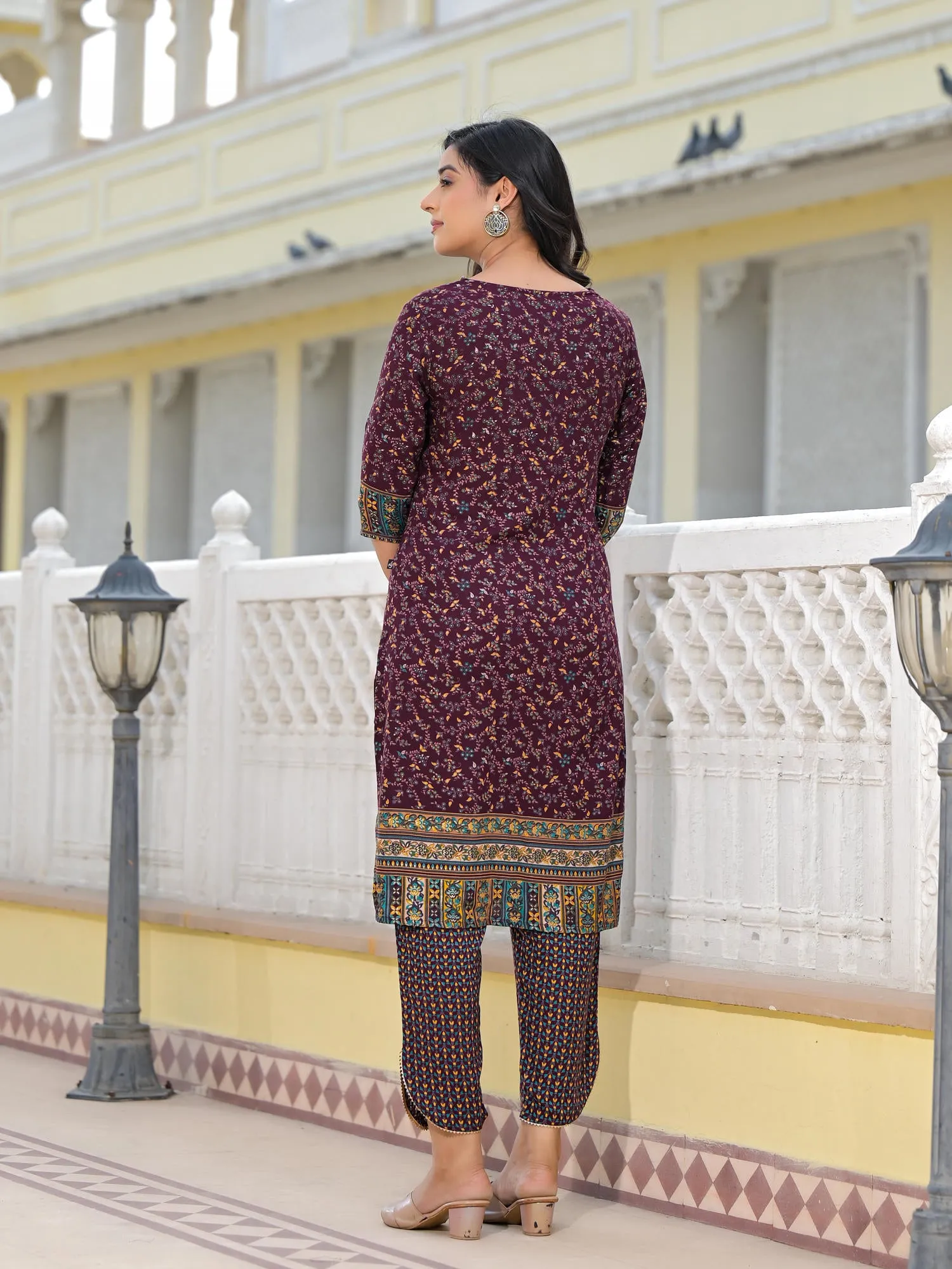 Juniper Wine Ethnic Motif Printed Rayon Kurta, Pant And Dupatta Set