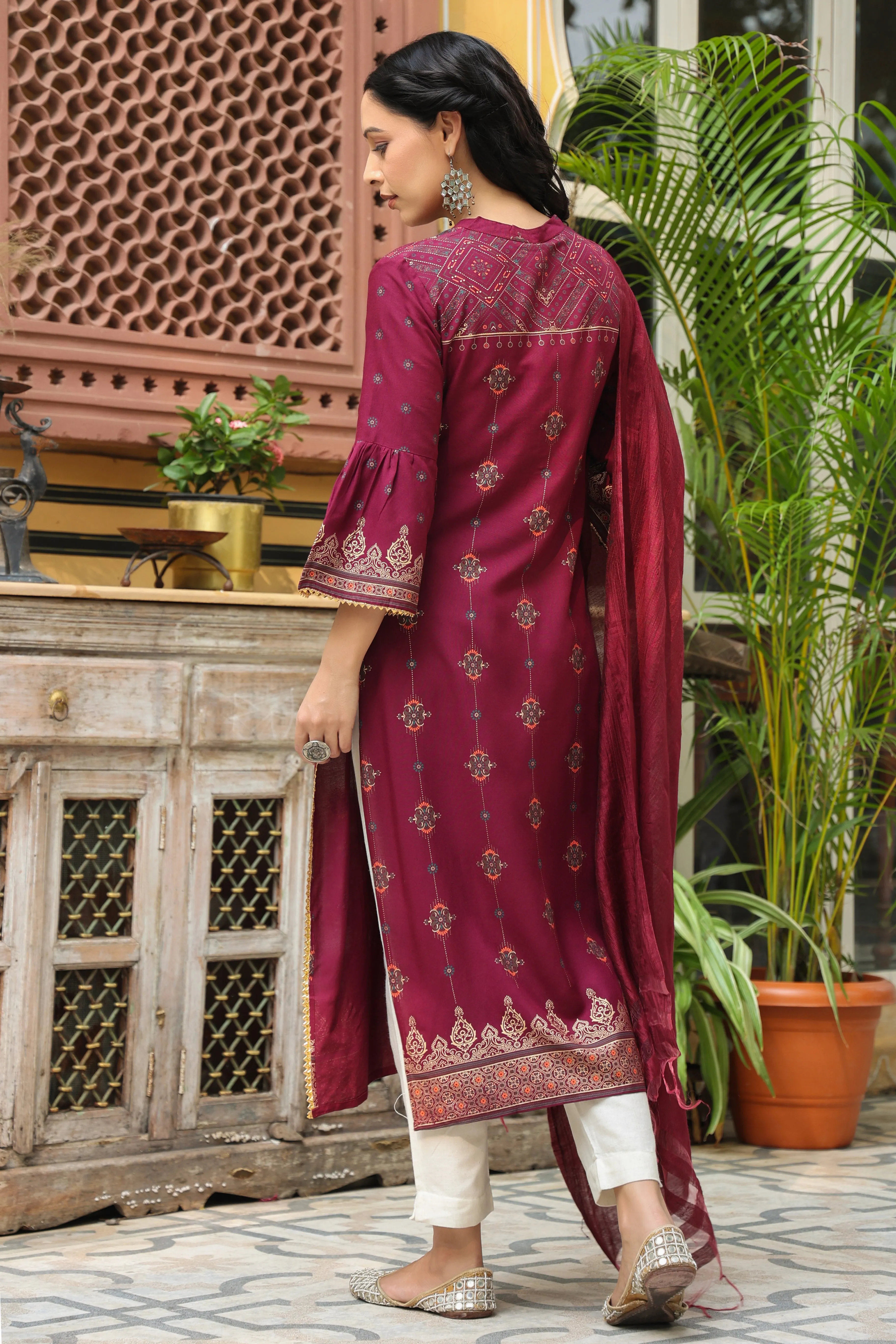 Juniper Wine Ethnic Motif Printed Rayon Straight Kurta & Dupatta Set With Buttons