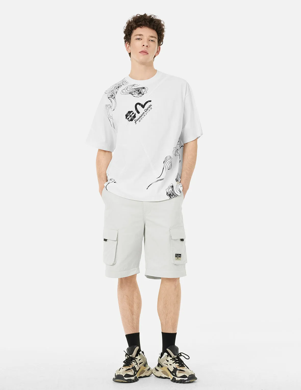 Kamon and Logo Prints Detachable Leg Panel Fashion Fit  Woven Cargo Jogger