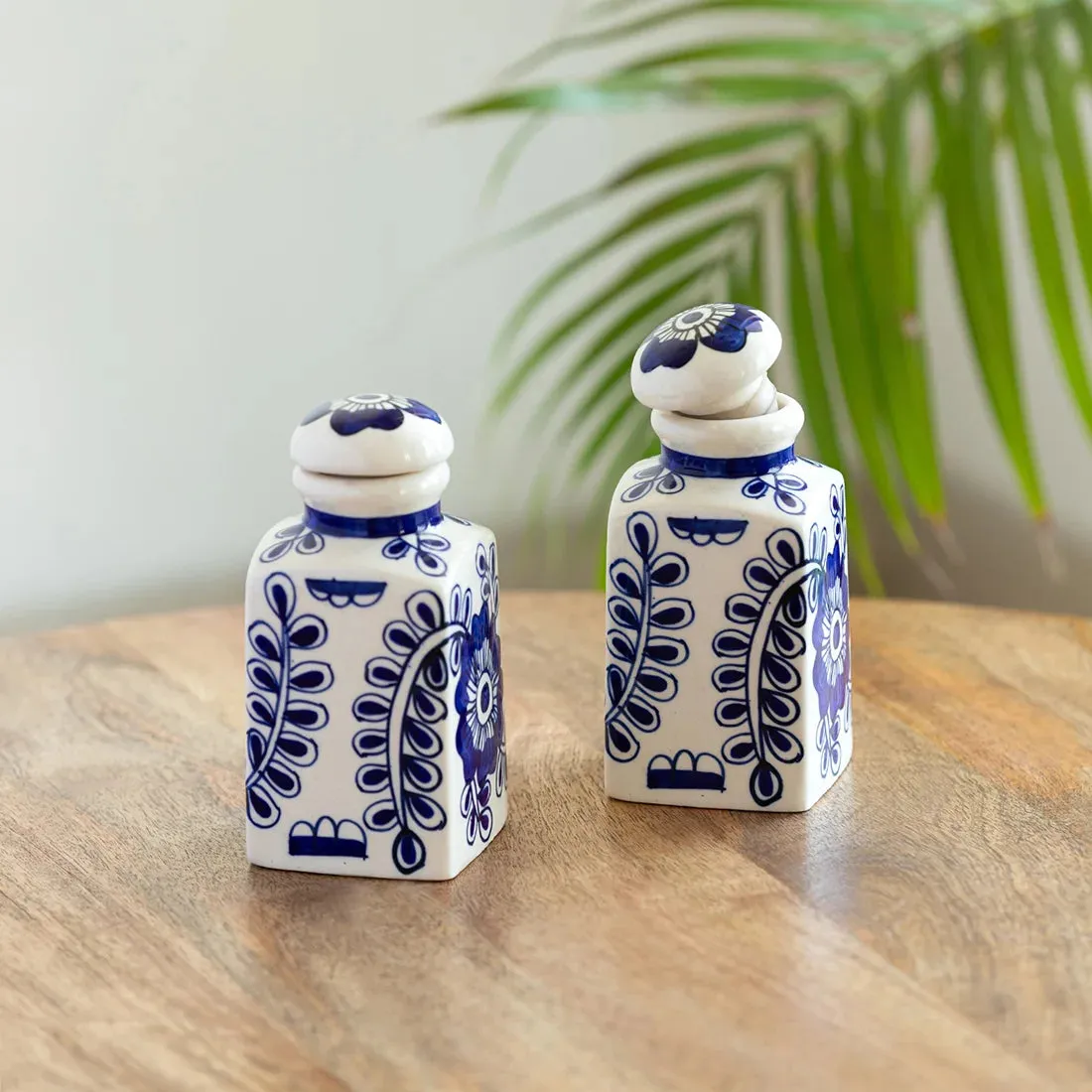 'Mughal Floral' Multi-Purpose Storage Jars & Containers In Ceramic (Air-Tight, Set of 2, 220 ml, Hand-Painted)