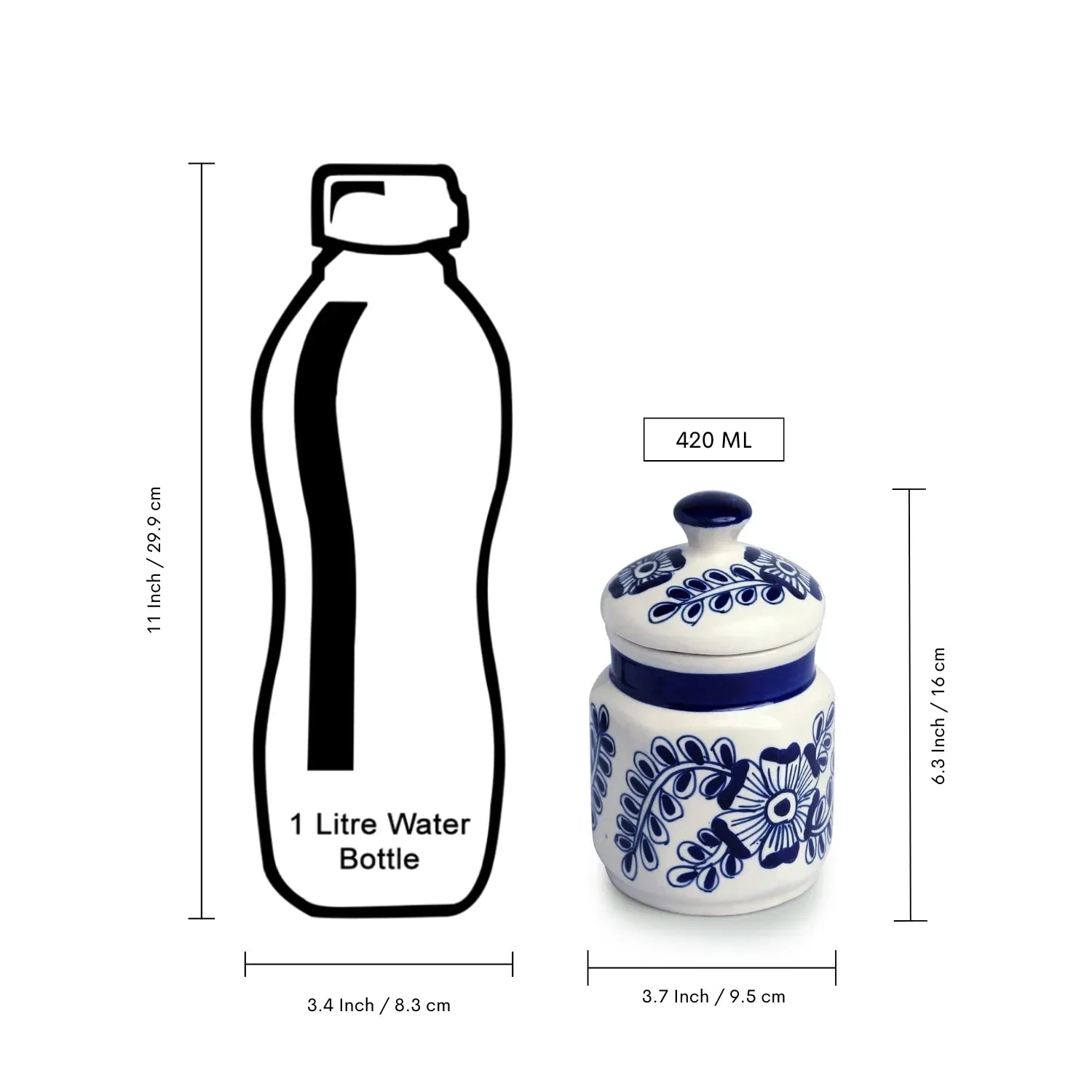'Mughal Floral' Multi-Purpose Storage Jars & Containers In Ceramic (Air-Tight, Set of 2, 420 ml, Hand-Painted)