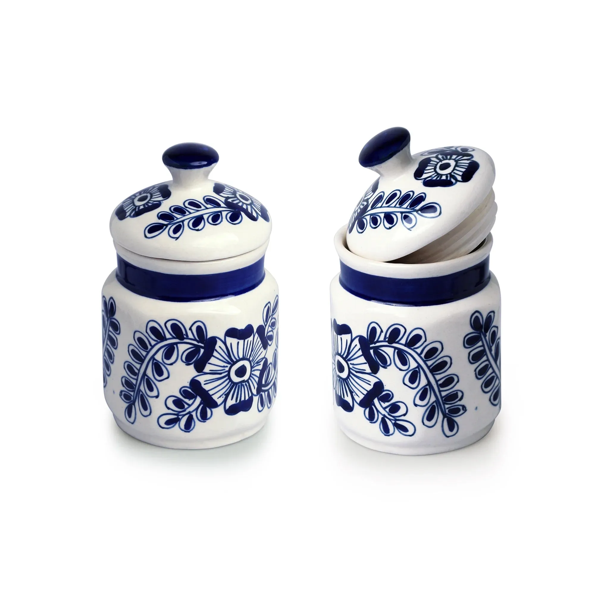 'Mughal Floral' Multi-Purpose Storage Jars & Containers In Ceramic (Air-Tight, Set of 2, 420 ml, Hand-Painted)