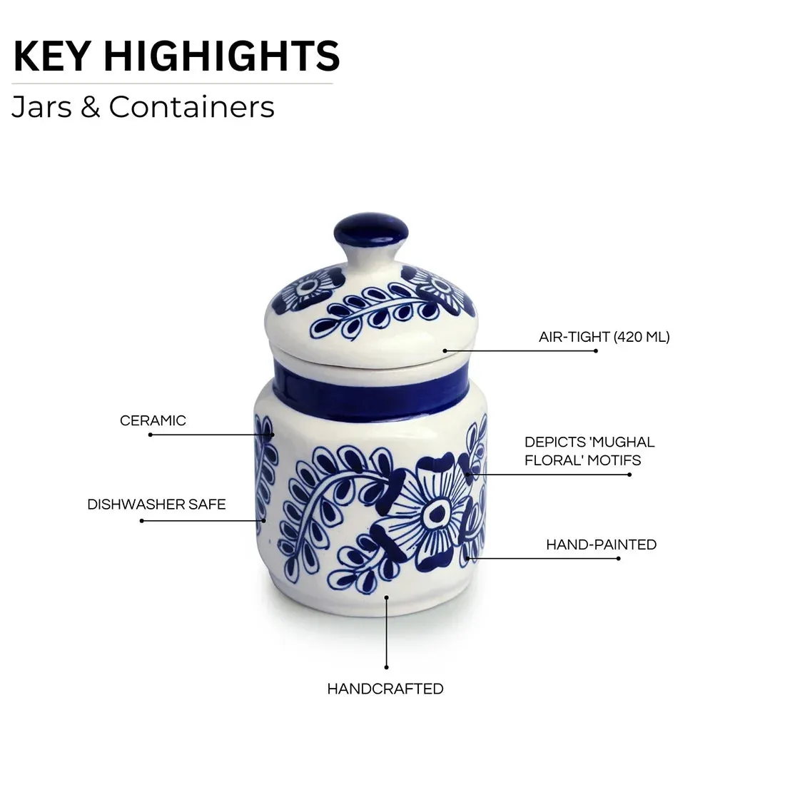 'Mughal Floral' Multi-Purpose Storage Jars & Containers In Ceramic (Air-Tight, Set of 2, 420 ml, Hand-Painted)