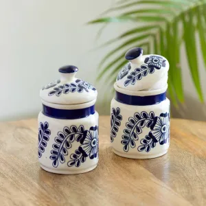 'Mughal Floral' Multi-Purpose Storage Jars & Containers In Ceramic (Air-Tight, Set of 2, 420 ml, Hand-Painted)