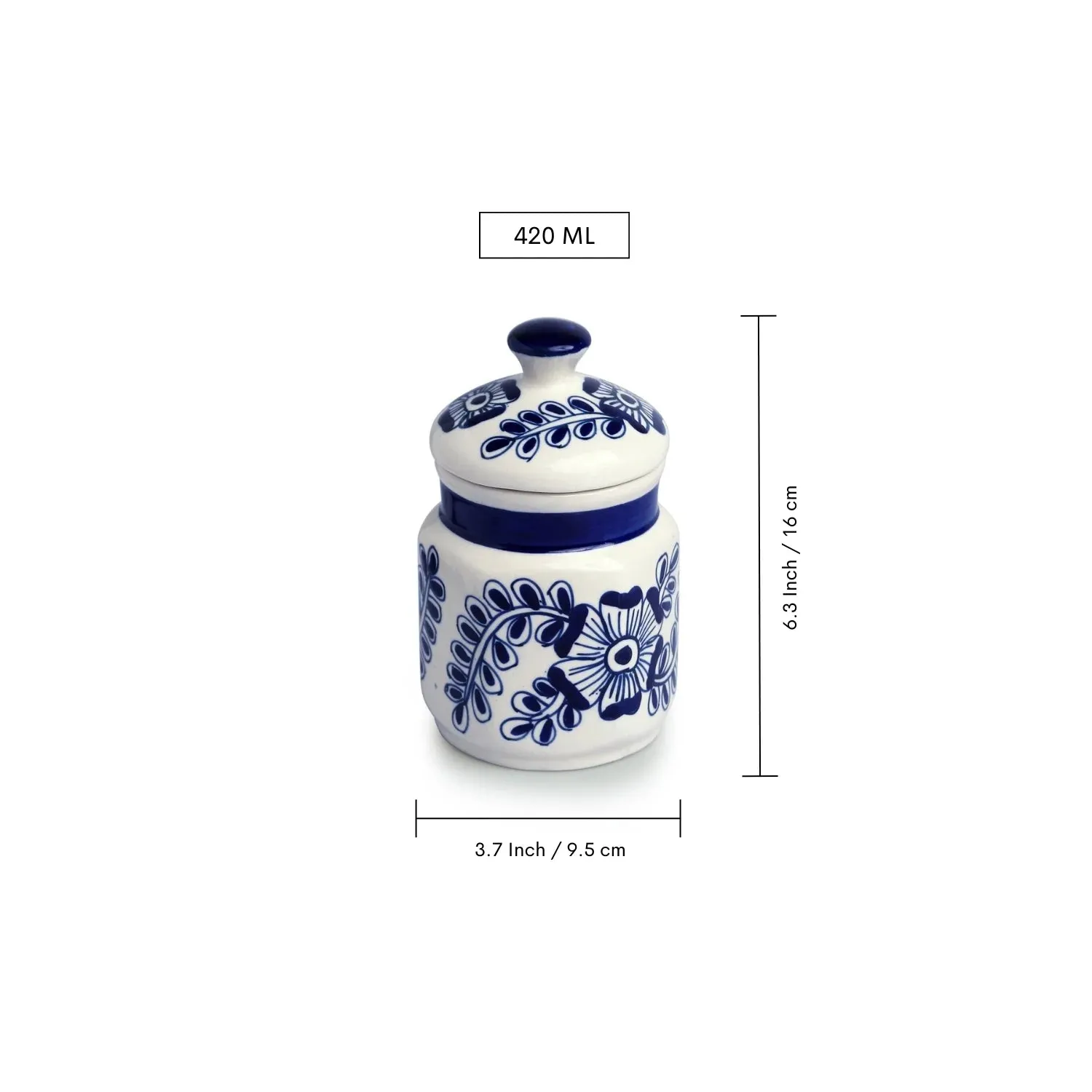 'Mughal Floral' Multi-Purpose Storage Jars & Containers In Ceramic (Air-Tight, Set of 2, 420 ml, Hand-Painted)