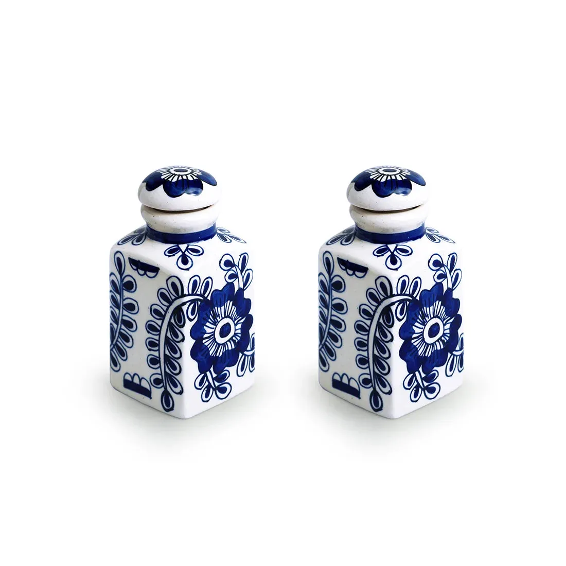 'Mughal Floral' Multi-Purpose Storage Jars & Containers In Ceramic With Wooden Holder (Air-Tight, Set Of 2, 220 ml, Hand-Painted)