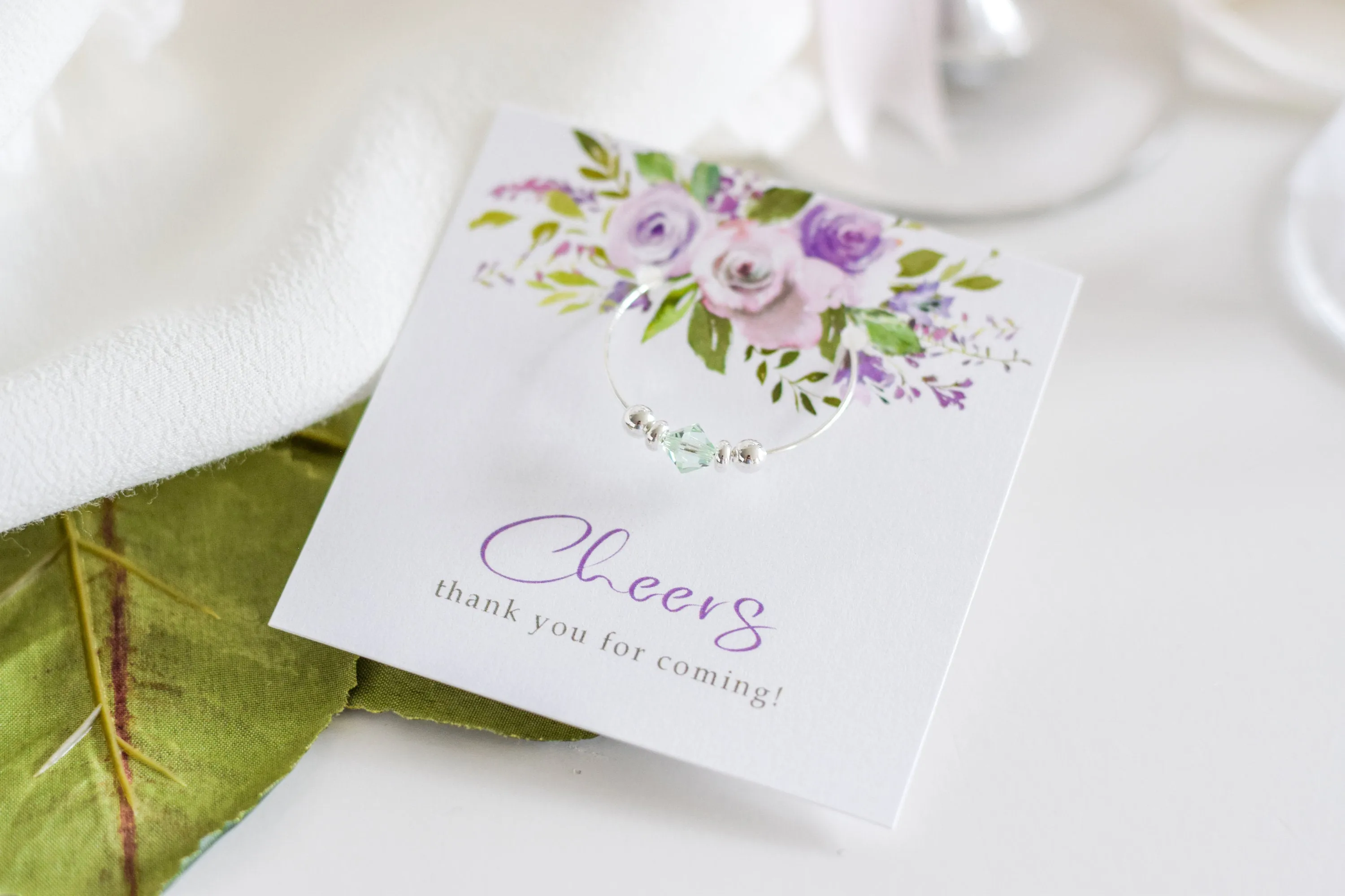 Purple Floral Birthday Party Favors, Swarovski Crystal Wine Charm