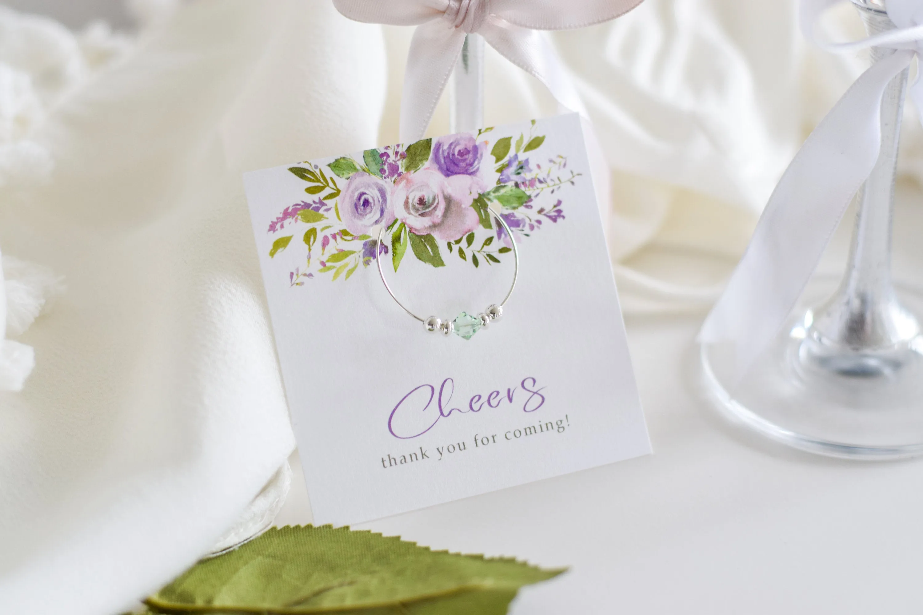 Purple Floral Birthday Party Favors, Swarovski Crystal Wine Charm