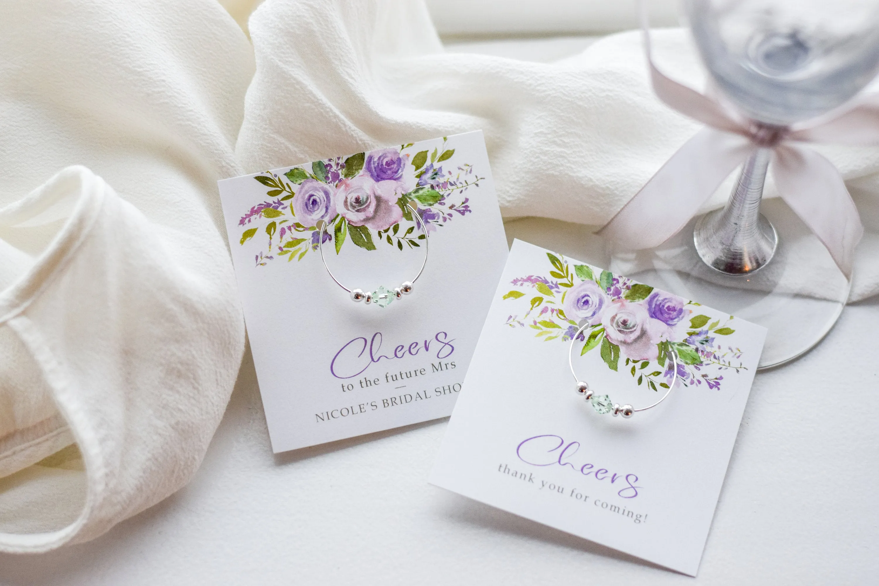 Purple Floral Birthday Party Favors, Swarovski Crystal Wine Charm