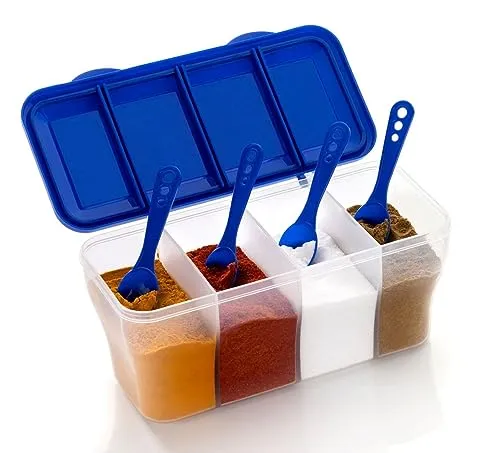 SR Multipurpose Plastic 4 In 1 Masala Box for Kitchen, Transparent Pickel Box, 4 Compartment Storage Container Airtight For Cereal, Dry Fruits Dabba1800 Ml with 4 Spoons (Multi color)