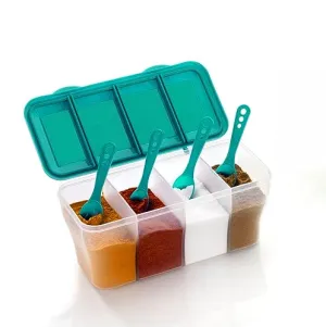 SR Multipurpose Plastic 4 In 1 Masala Box for Kitchen, Transparent Pickel Box, 4 Compartment Storage Container Airtight For Cereal, Dry Fruits Dabba1800 Ml with 4 Spoons (Multi color)