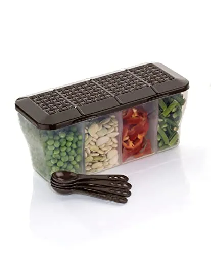 SR Multipurpose Plastic 4 In 1 Masala Box for Kitchen, Transparent Pickel Box, 4 Compartment Storage Container Airtight For Cereal, Dry Fruits Dabba1800 Ml with 4 Spoons (Multi color)