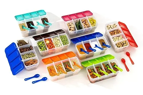 SR Multipurpose Plastic 4 In 1 Masala Box for Kitchen, Transparent Pickel Box, 4 Compartment Storage Container Airtight For Cereal, Dry Fruits Dabba1800 Ml with 4 Spoons (Multi color)
