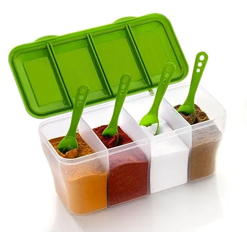 SR Multipurpose Plastic 4 In 1 Masala Box for Kitchen, Transparent Pickel Box, 4 Compartment Storage Container Airtight For Cereal, Dry Fruits Dabba1800 Ml with 4 Spoons (Multi color)
