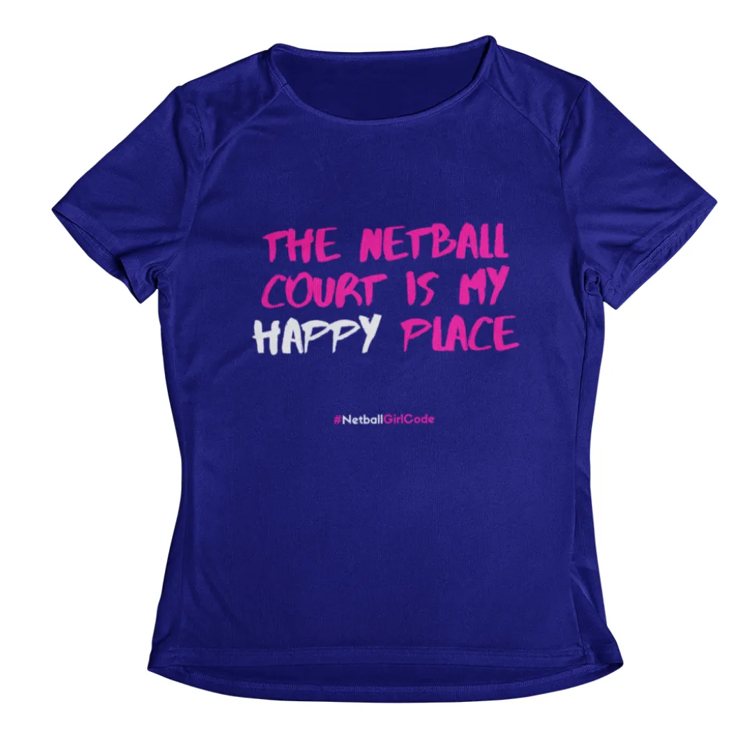 'The Netball Court is my Happy Place' Kids Performance Netball T-Shirt