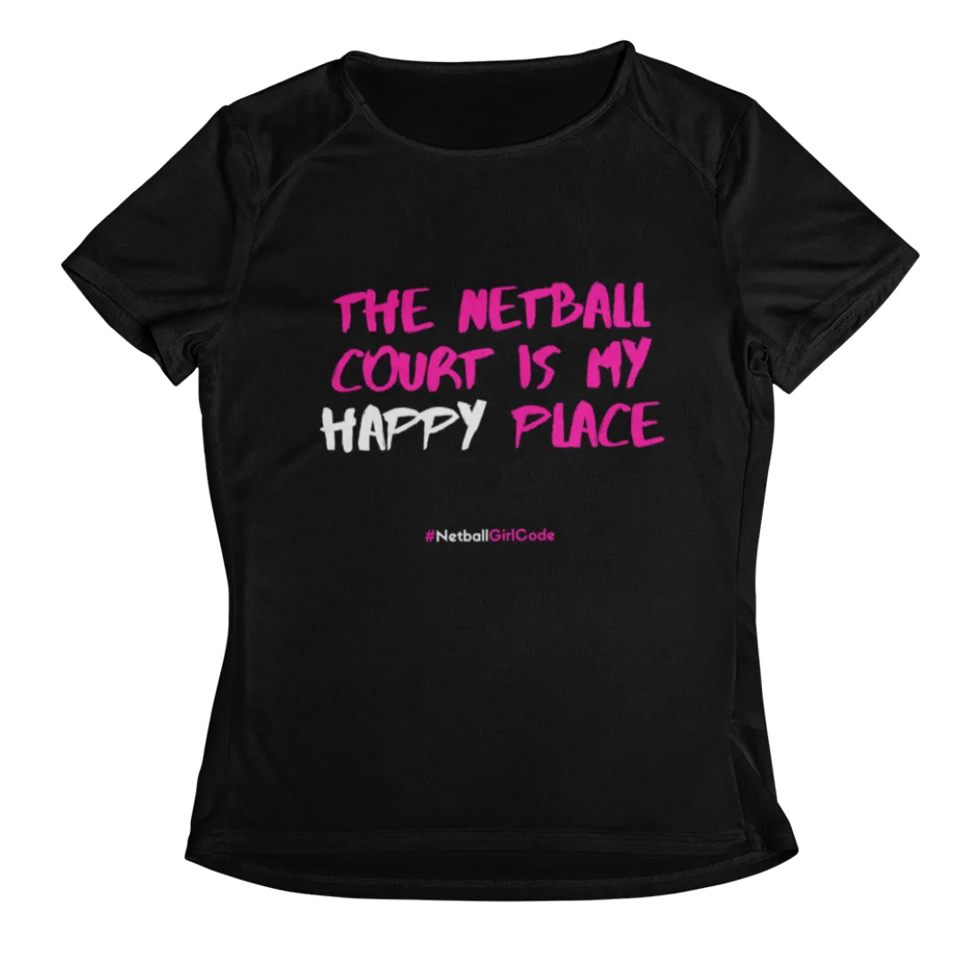 'The Netball Court is my Happy Place' Kids Performance Netball T-Shirt