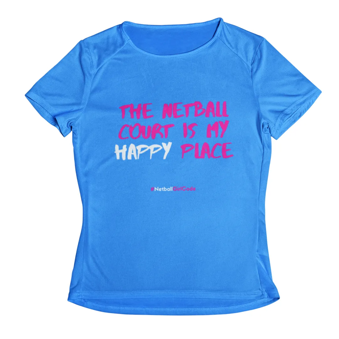 'The Netball Court is my Happy Place' Kids Performance Netball T-Shirt