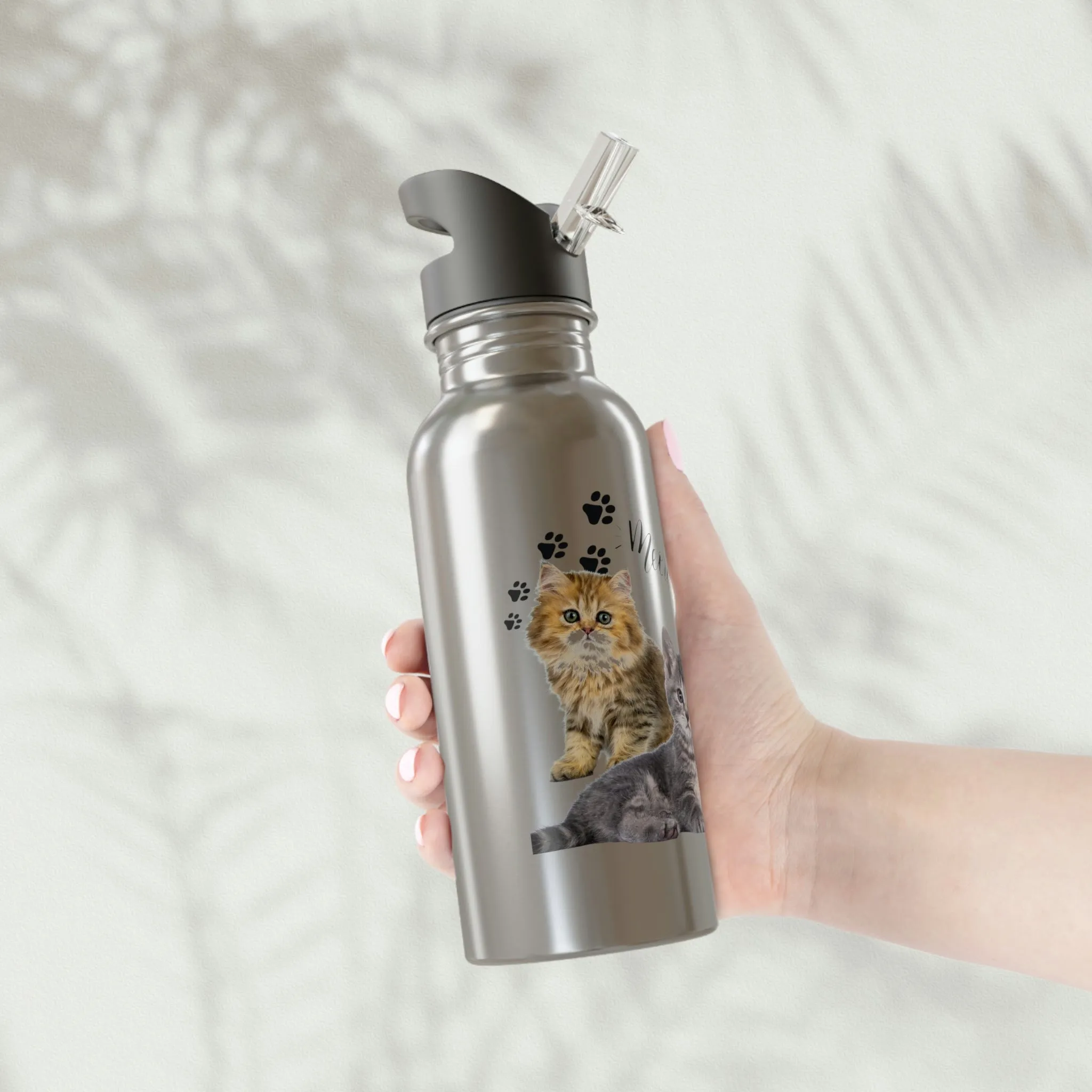 Three Persian Cats Meow POD Cat  Stainless Steel Water Bottle With Straw, 20oz