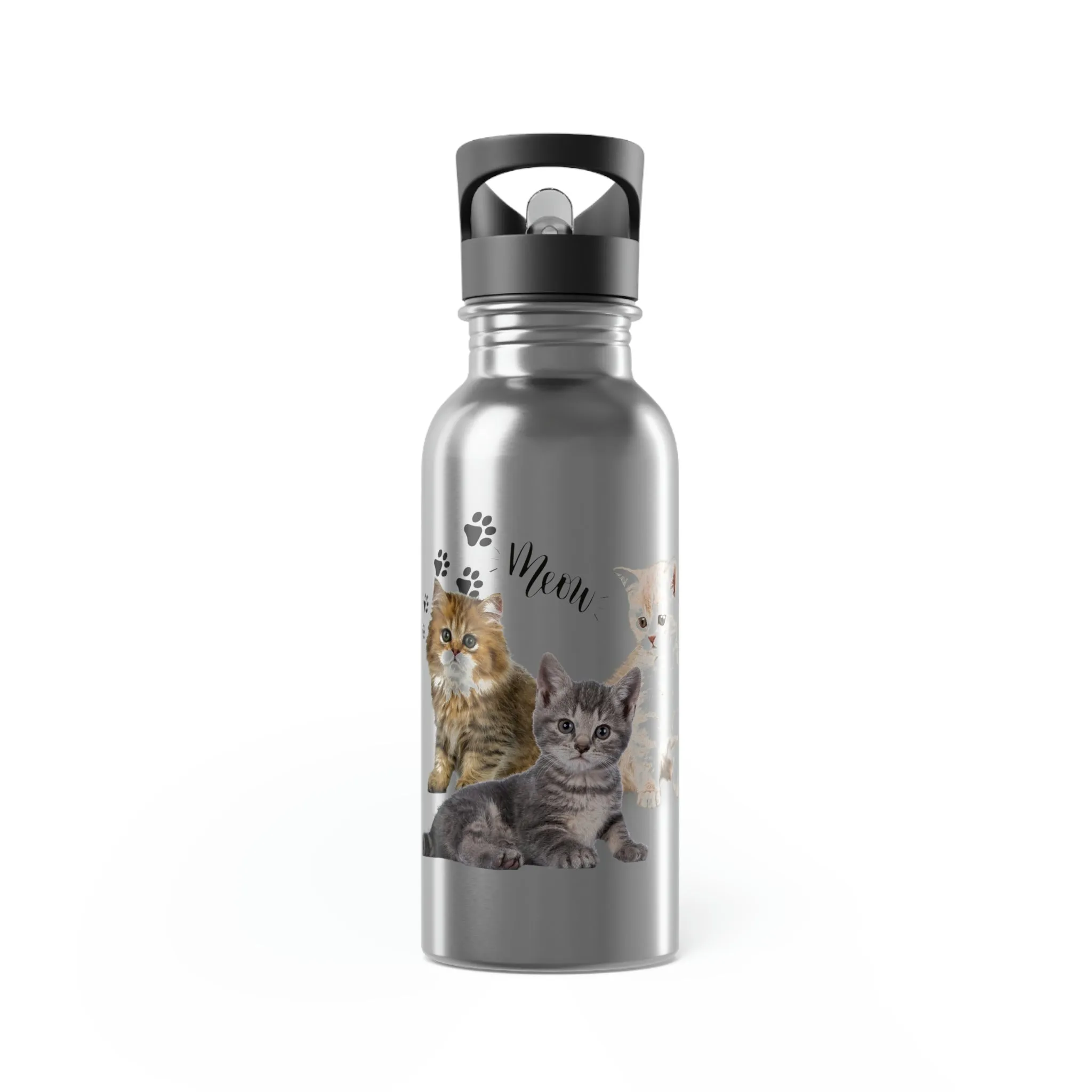 Three Persian Cats Meow POD Cat  Stainless Steel Water Bottle With Straw, 20oz
