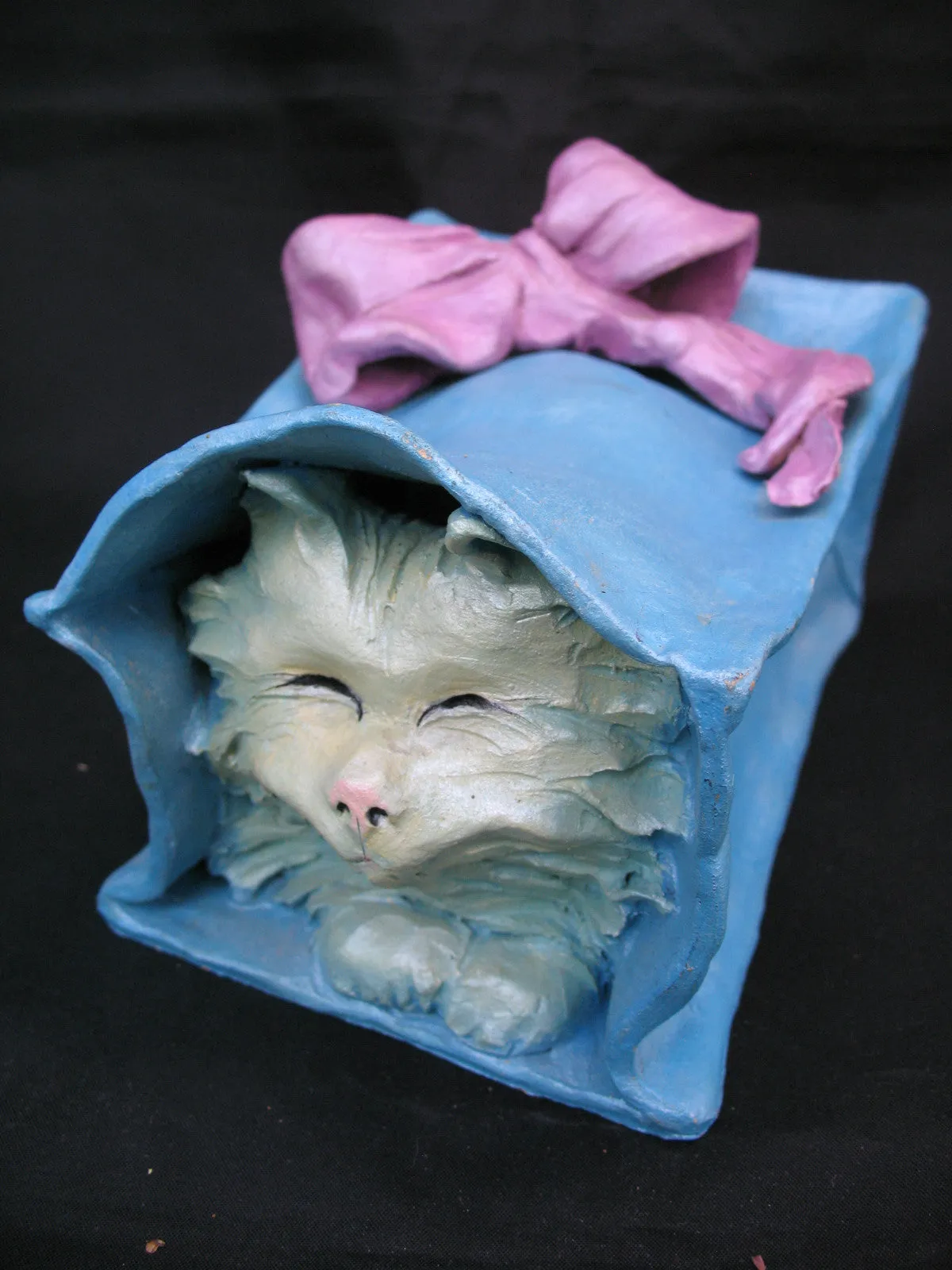 Vintage Ceramic CAT KITTY KITTEN Art Pottery BLUE Gift PAPER BAG Pink Ribbon W92