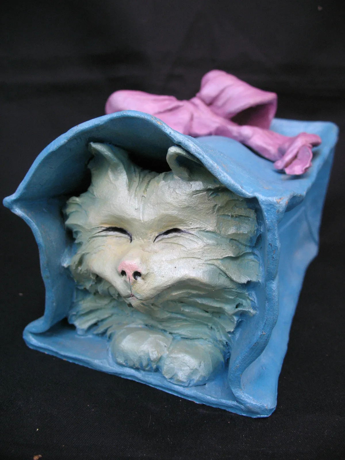 Vintage Ceramic CAT KITTY KITTEN Art Pottery BLUE Gift PAPER BAG Pink Ribbon W92