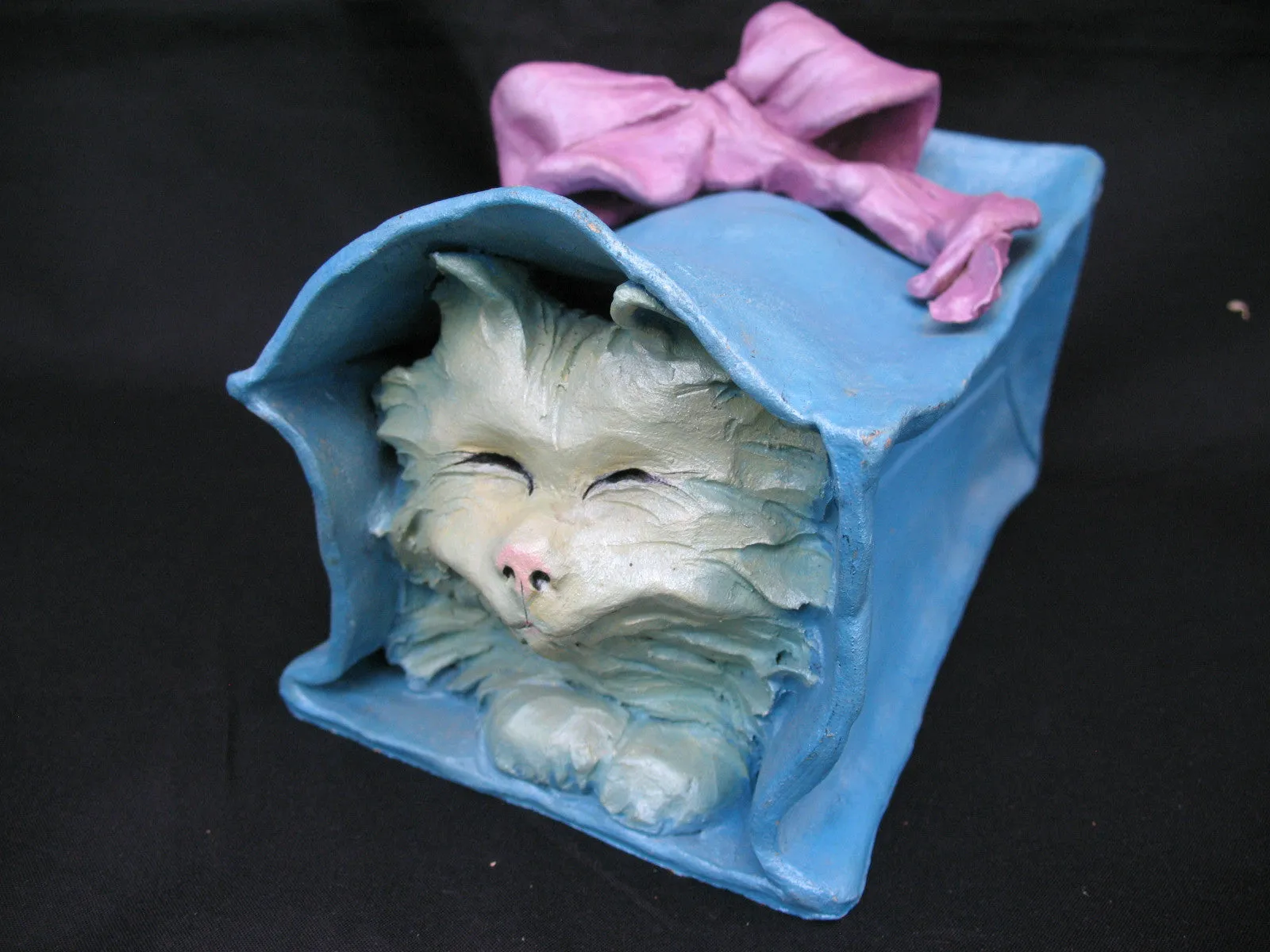 Vintage Ceramic CAT KITTY KITTEN Art Pottery BLUE Gift PAPER BAG Pink Ribbon W92