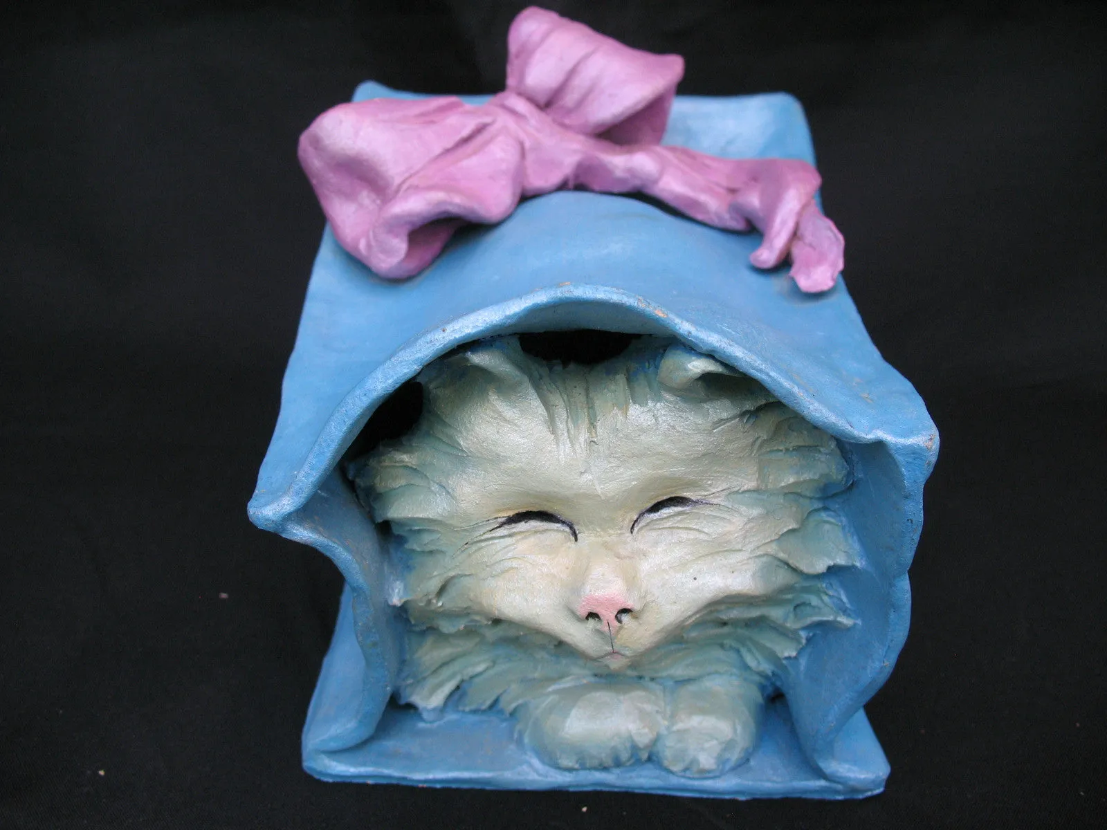 Vintage Ceramic CAT KITTY KITTEN Art Pottery BLUE Gift PAPER BAG Pink Ribbon W92