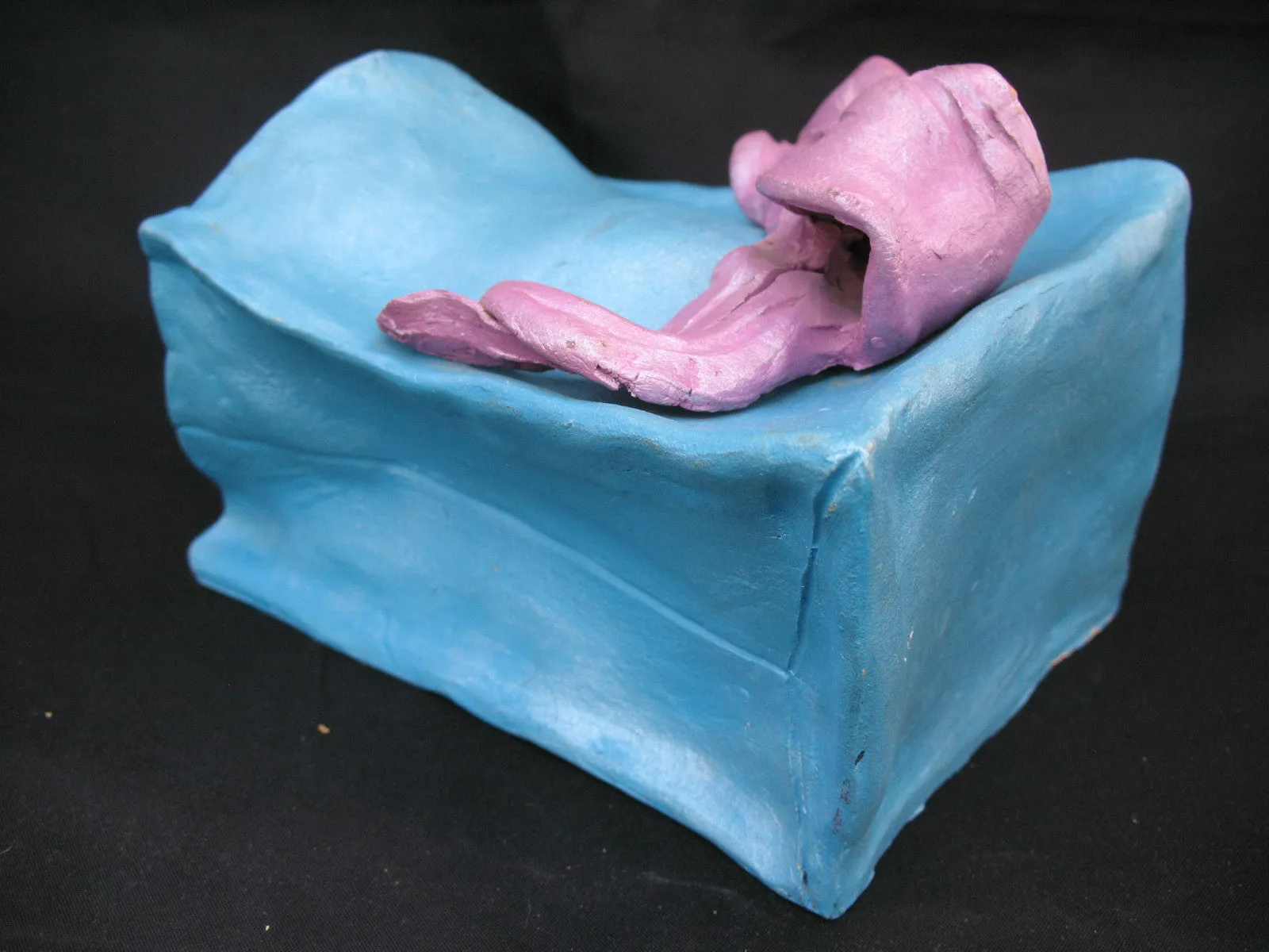 Vintage Ceramic CAT KITTY KITTEN Art Pottery BLUE Gift PAPER BAG Pink Ribbon W92
