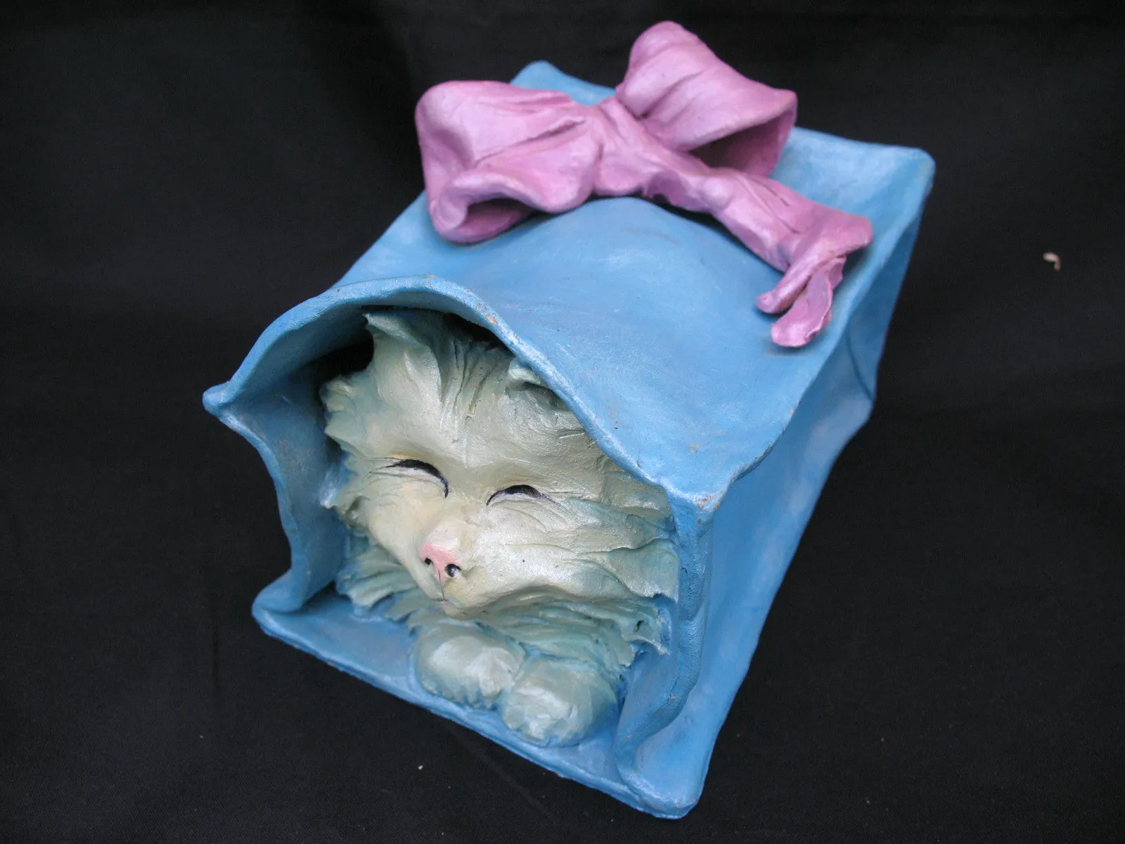 Vintage Ceramic CAT KITTY KITTEN Art Pottery BLUE Gift PAPER BAG Pink Ribbon W92